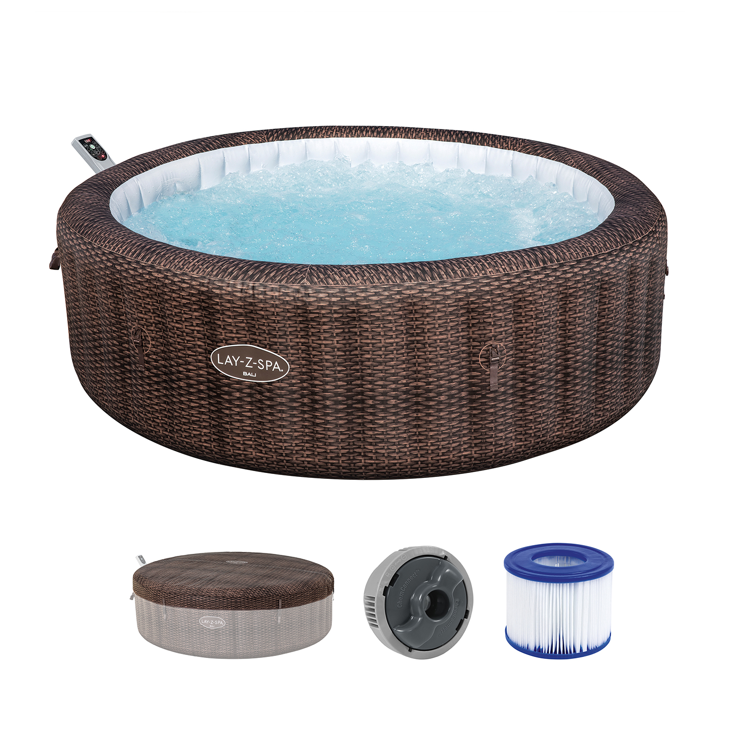 LAY-Z-SPA® Energiespar-Whirlpool Bali AirJet™ mit App-Steuerung, für 7 Personen, Ø 216 x 71 cm, Rattan-Optik (Schokobraun)
