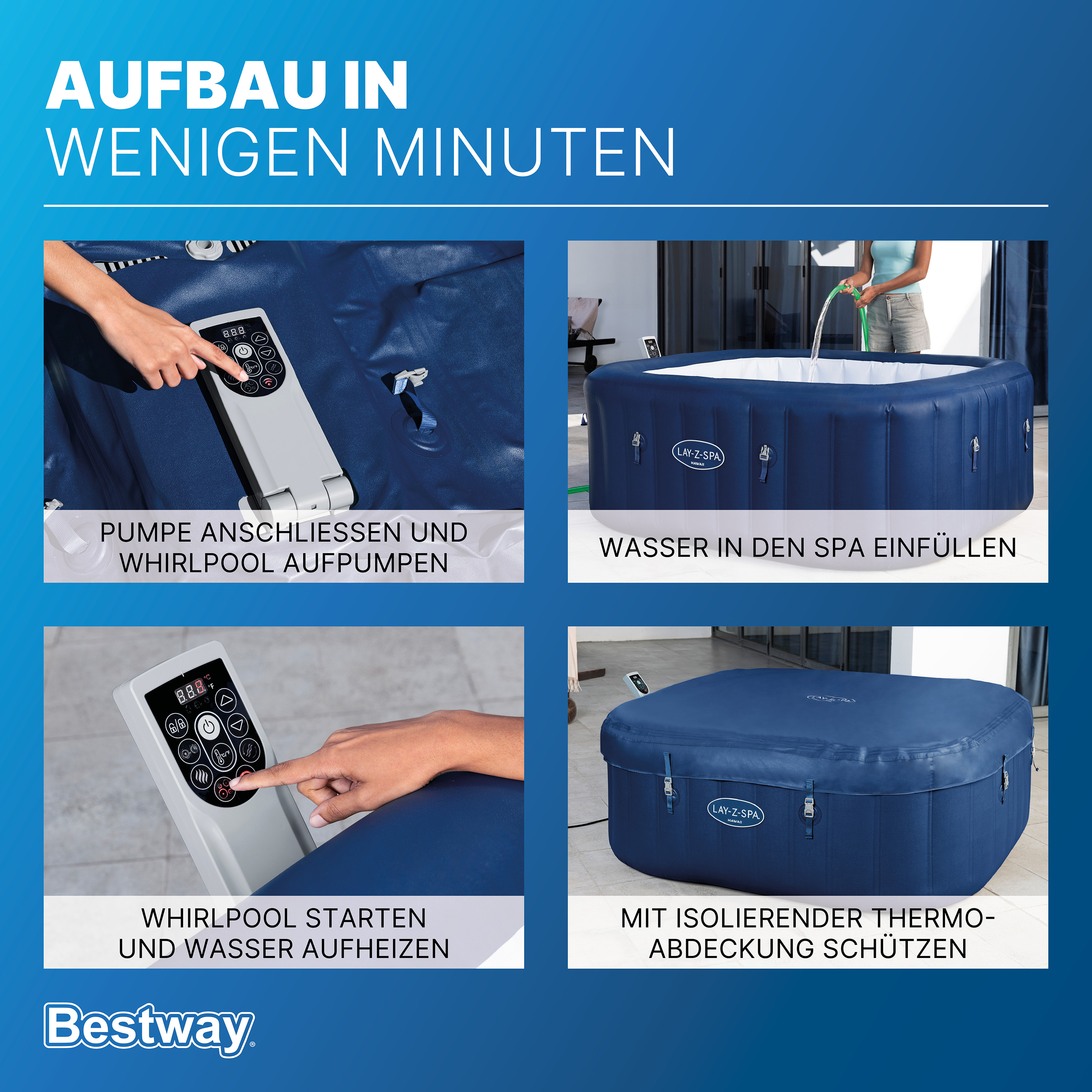 LAY-Z-SPA® Energiespar-Whirlpool Hawaii AirJet™ mit App-Steuerung, für 6 Personen, 180 x 180 x 71 cm, Kobaltblau