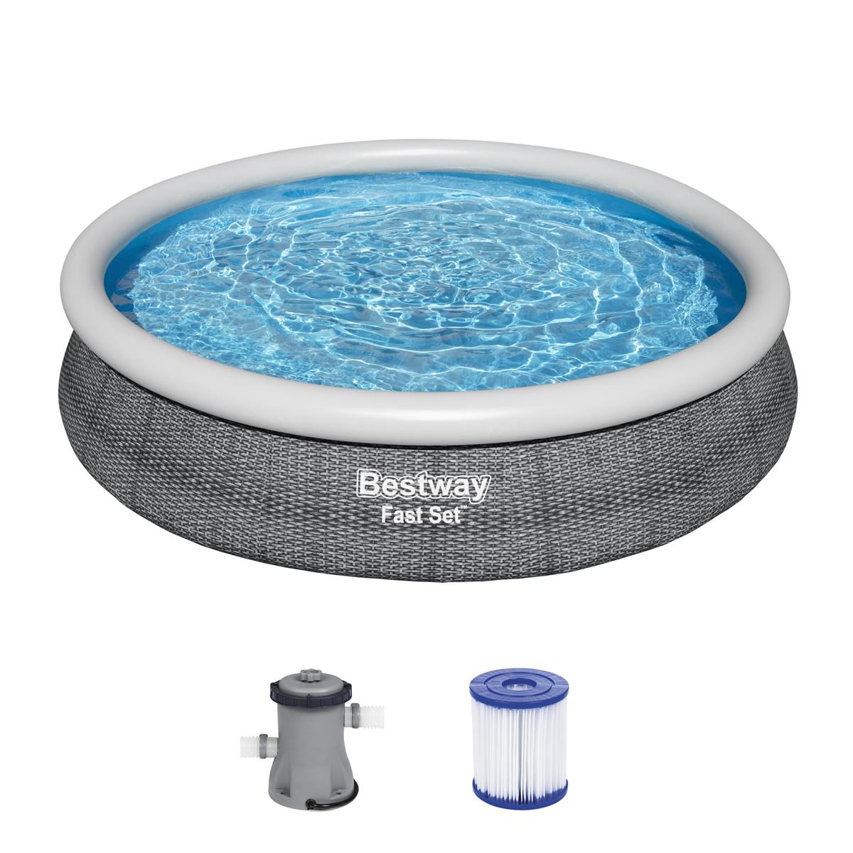 Fast Set™ Aufstellpool-Set mit Filterpumpe Ø 366 x 76 cm, Rattan-Optik (Schiefergrau), rund