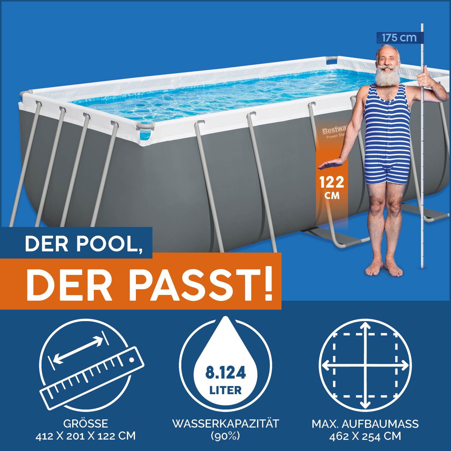 Power Steel™ Frame Pool Set mit Filterpumpe 412 x 201 x 122 cm, grau, eckig