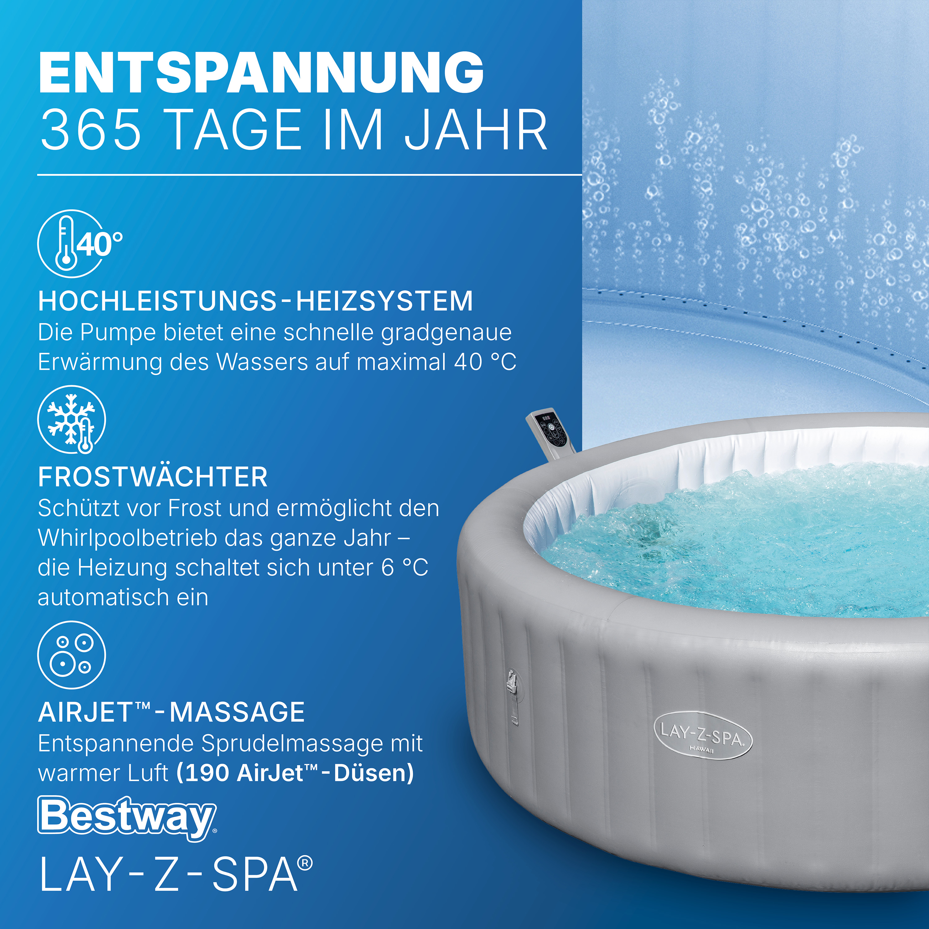 LAY-Z-SPA® Energiespar Whirlpool Hawaii AirJet™ mit App Steuerung, für 8 Personen Ø 236 x 71 cm, Silbergrau
