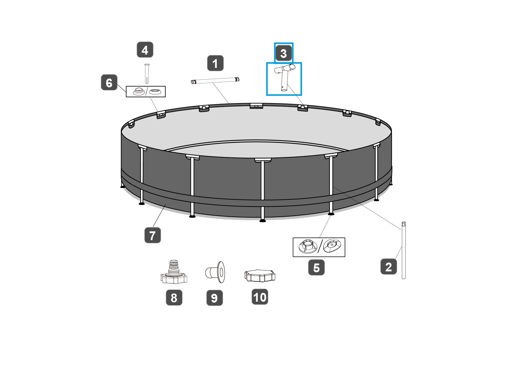 Bestway® Spare Part T-connector (blue/frameLink System™) for Steel Pro™ pools Ø 305 x 66/76cm, round Bestway® Spare Part T-connector (grey/frameLink System™) for Steel Pro MAX™ pool Ø 366x100 cm, round