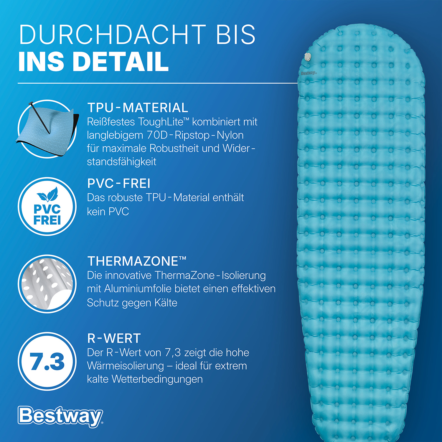 Aufblasbare TPU Single Isomatte AlpineLite™ für Mumienschlafsäcke 183 x 51 x 7,5 cm 