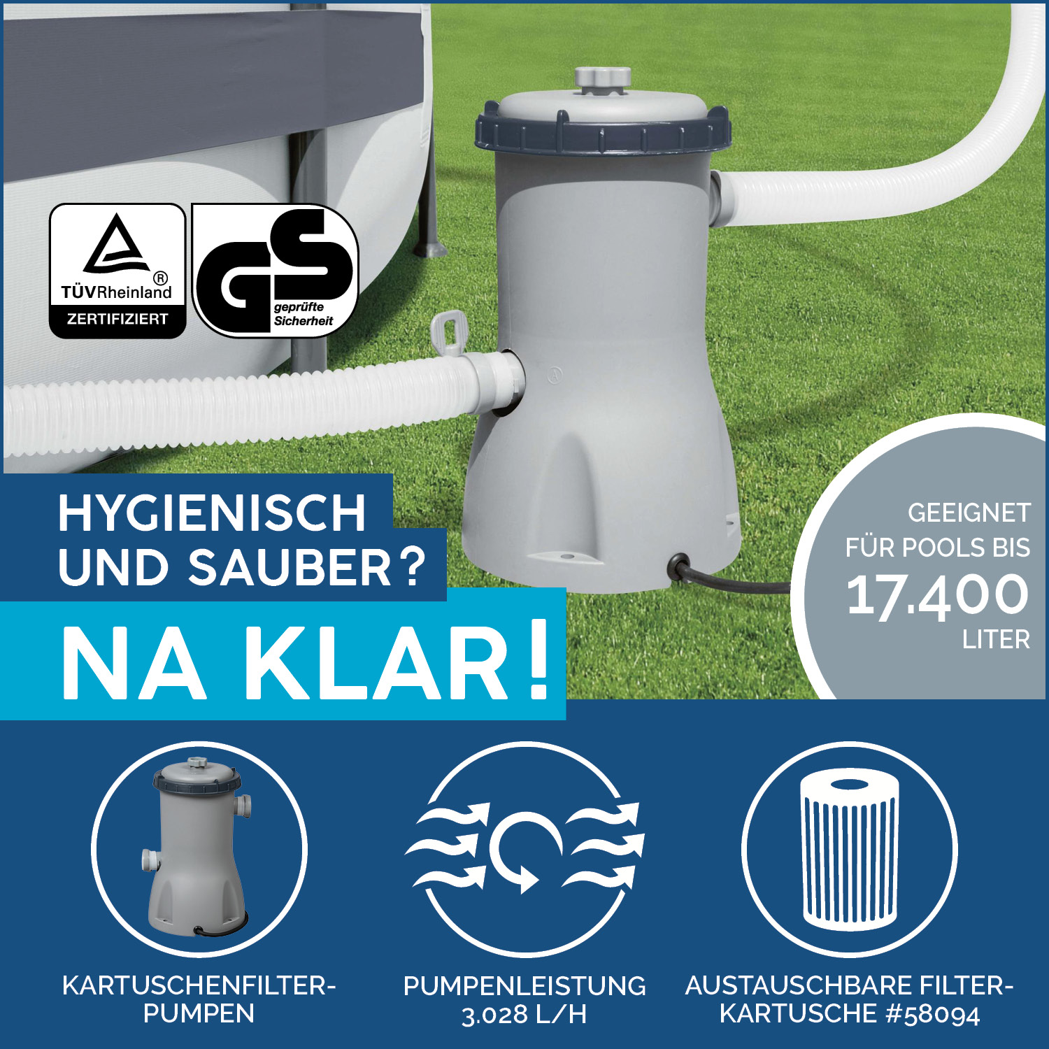 Power Steel™ Frame Pool Komplett-Set mit Filterpumpe 488 x 305 x 107 cm, grau, oval