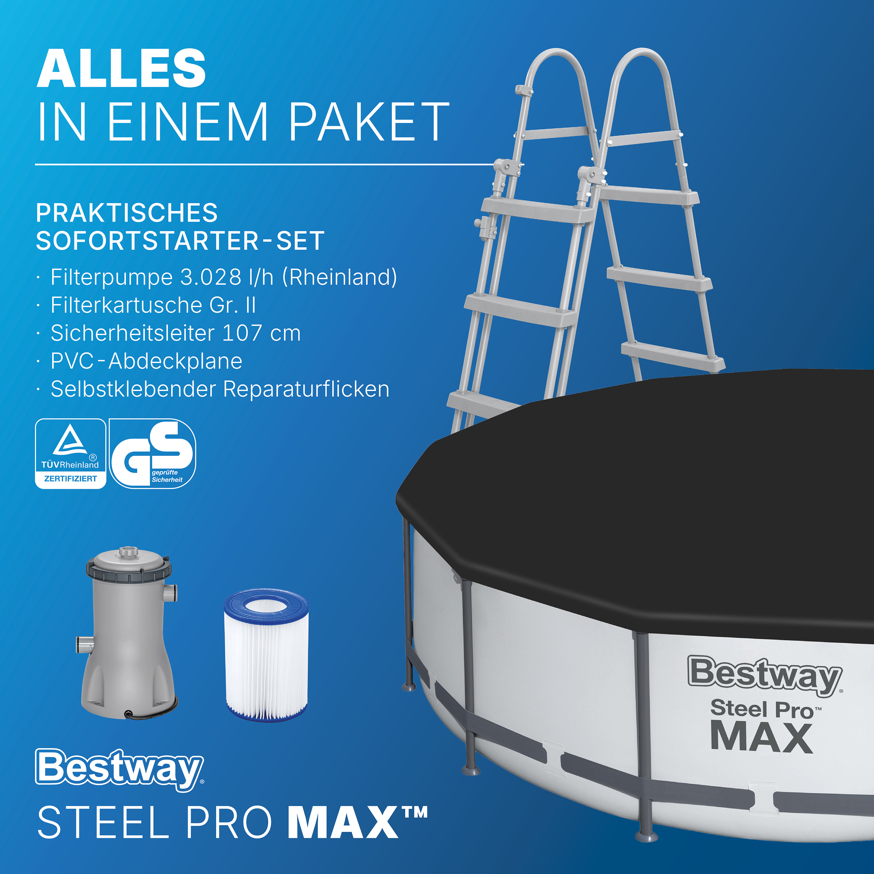 Steel Pro MAX™ Frame Pool Komplett Set mit Filterpumpe Ø 427 x 107 cm, lichtgrau, rund