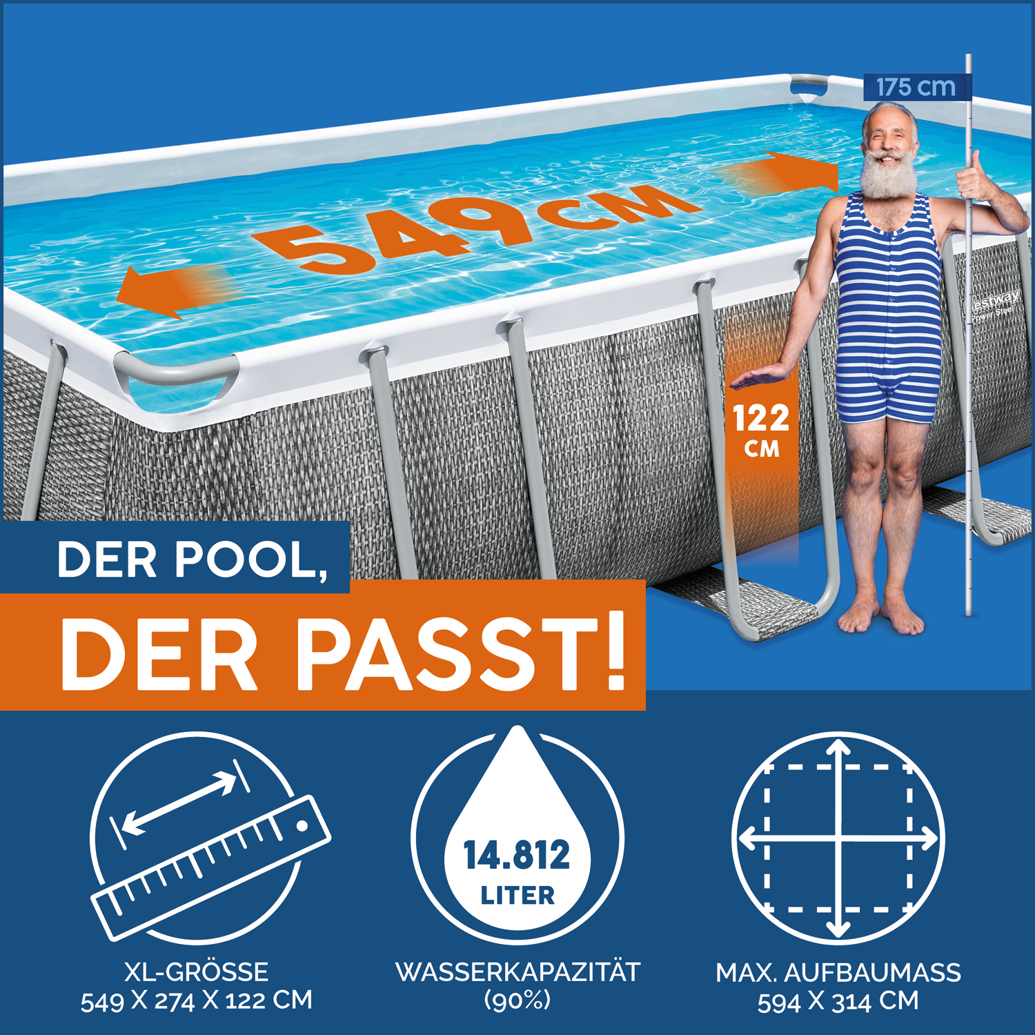Power Steel™ Frame Pool Komplett-Set mit Filterpumpe 549 x 274 x 122 cm, Rattan-Optik (Schiefergrau), eckig