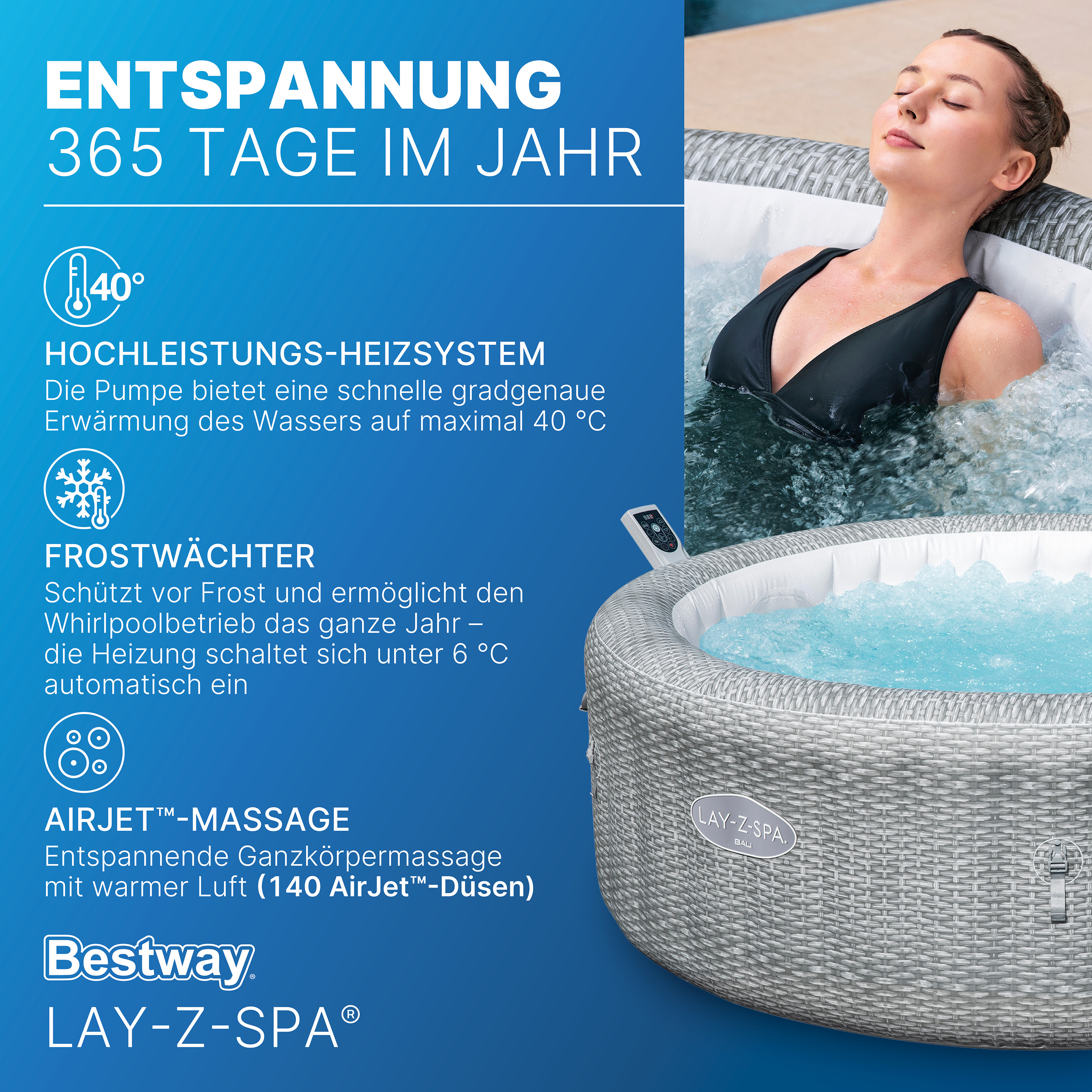 LAY-Z-SPA® Energiespar Whirlpool Bali AirJet™ mit App-Steuerung, Ø 196 x 71 cm, für 6 Personen, Rattan-Optik (Lichtgrau)