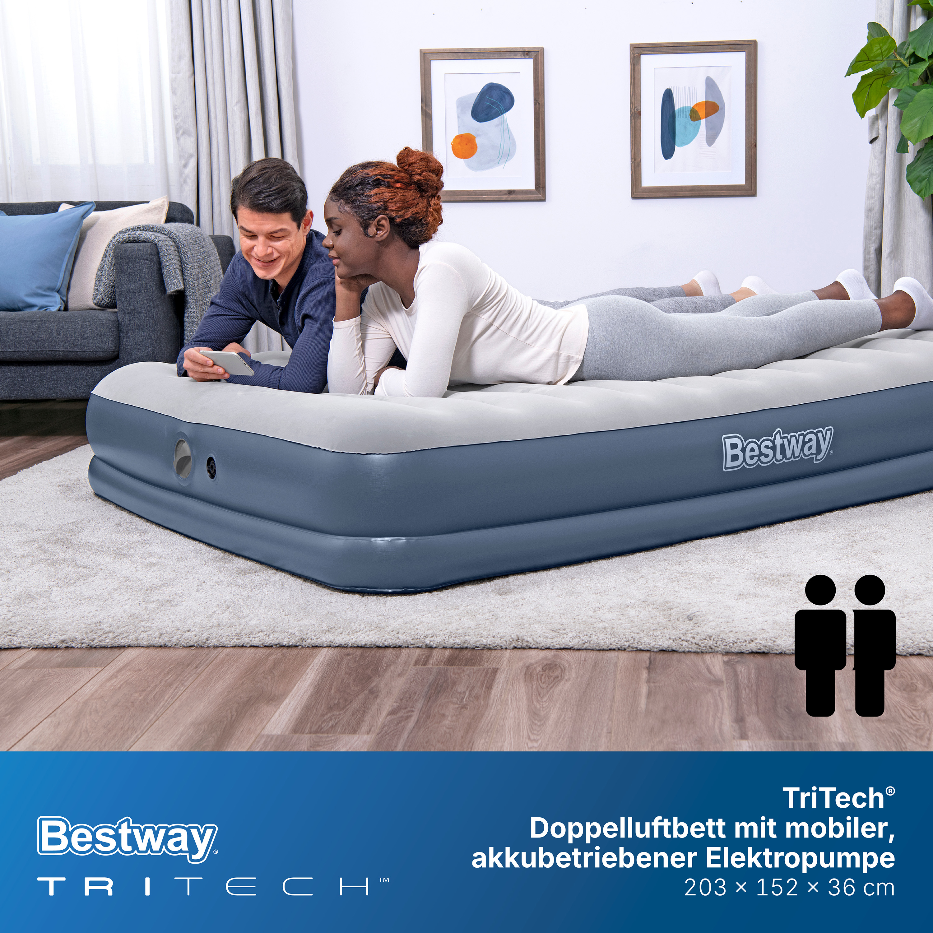 TriTech® Doppelluftbett mit mobiler, akkubetriebener Elektropumpe 203 x 152 x 36 cm