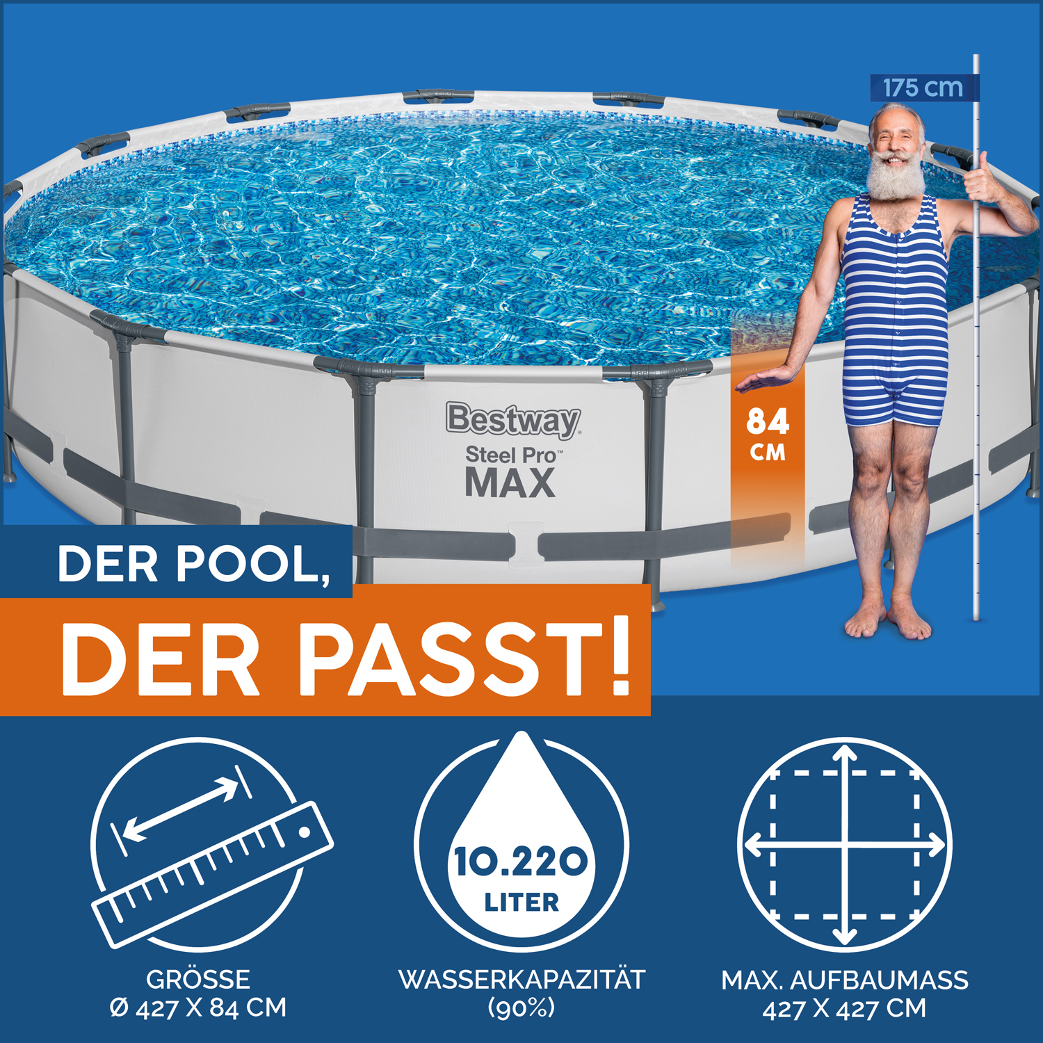 Steel Pro MAX™ Frame Pool Set mit Filterpumpe Ø 427 x 84 cm, lichtgrau, rund