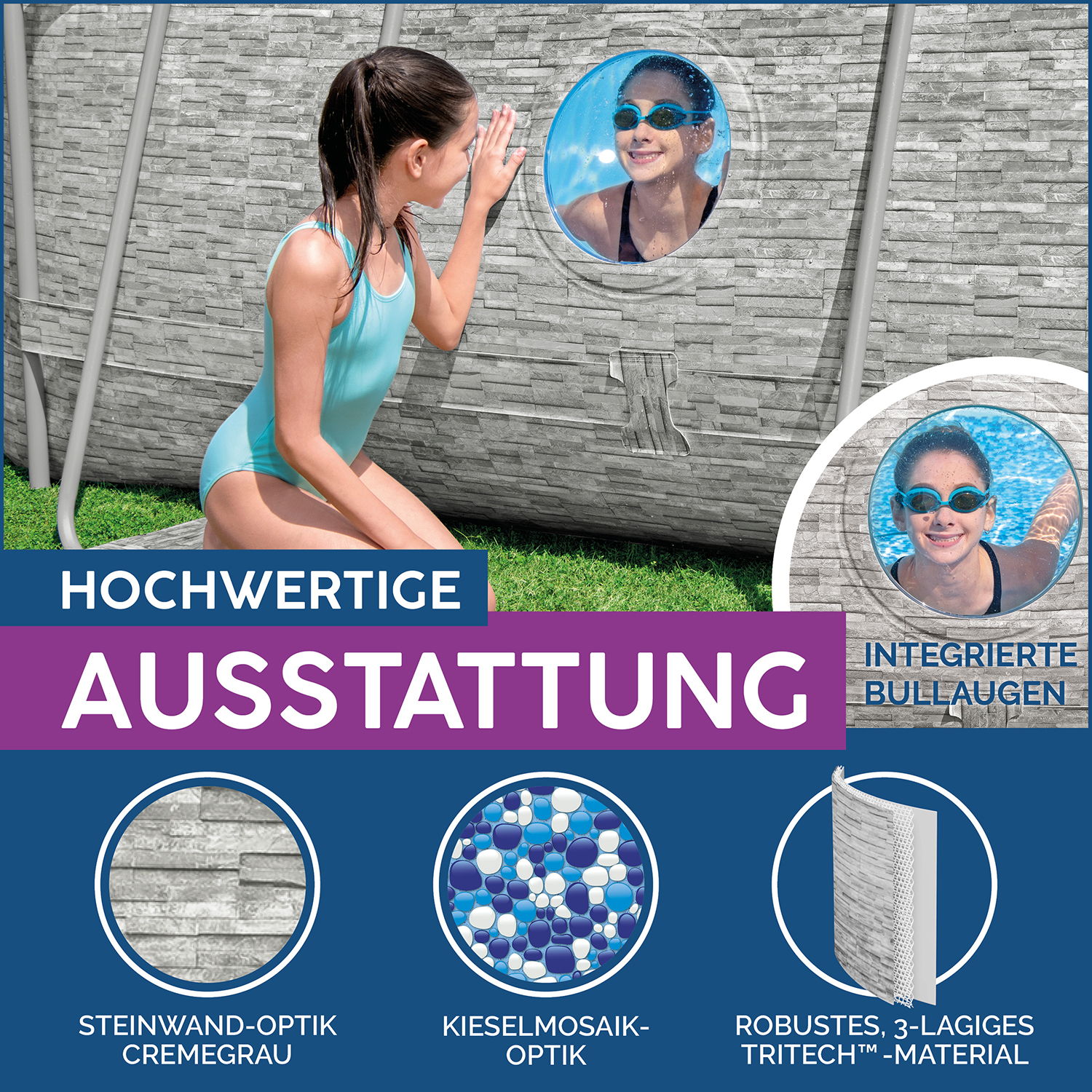 Power Steel™ Swim Vista Series™ Frame Pool Komplett Set mit Sandfilteranlage 488 x 305 x 107 cm , Steinwand-Optik (Cremegrau), oval