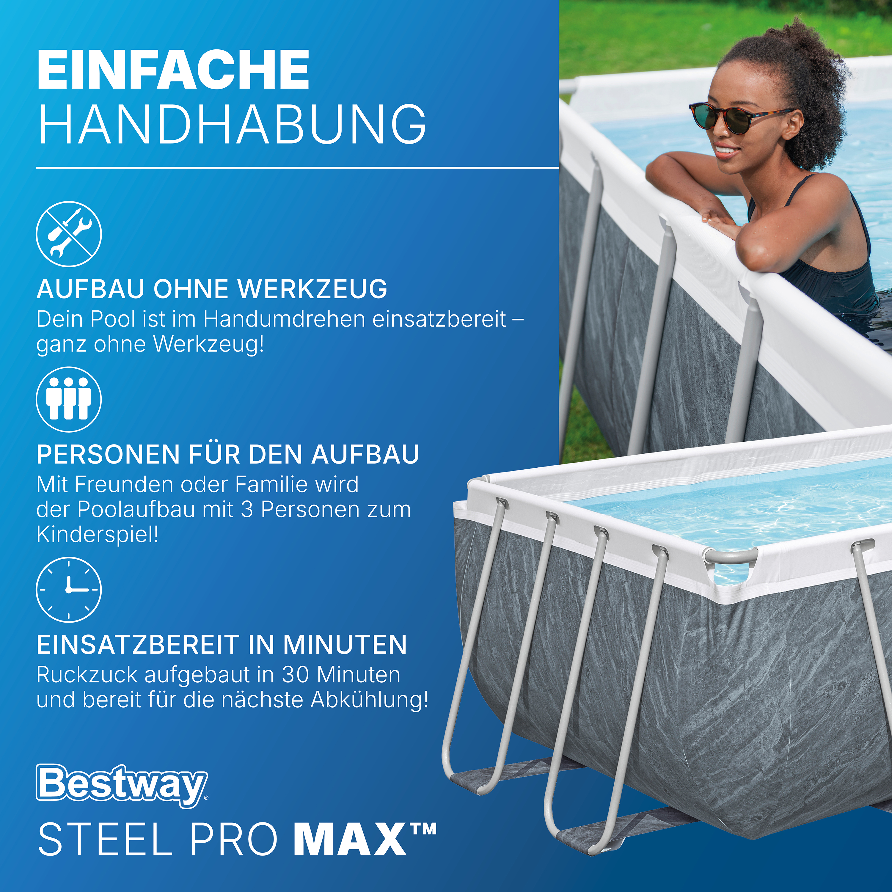 Steel Pro MAX™ Solo Pool ohne Zubehör 404 x 201 x 100 cm, Marmor-Optik (Schiefergrau), eckig