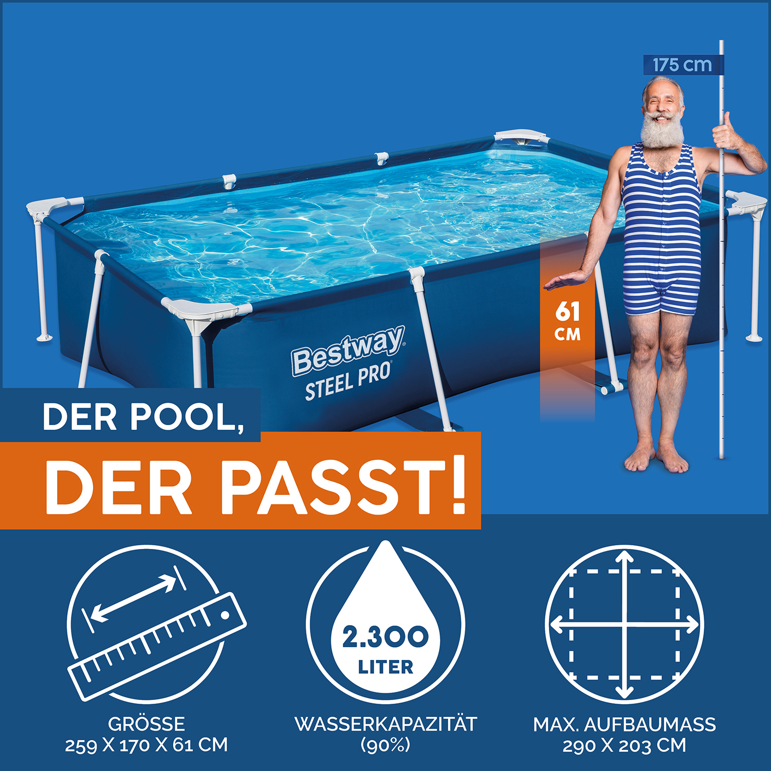 Steel Pro® Frame Pool ohne Pumpe 259 x 170 x 61 cm, dunkelblau, eckig