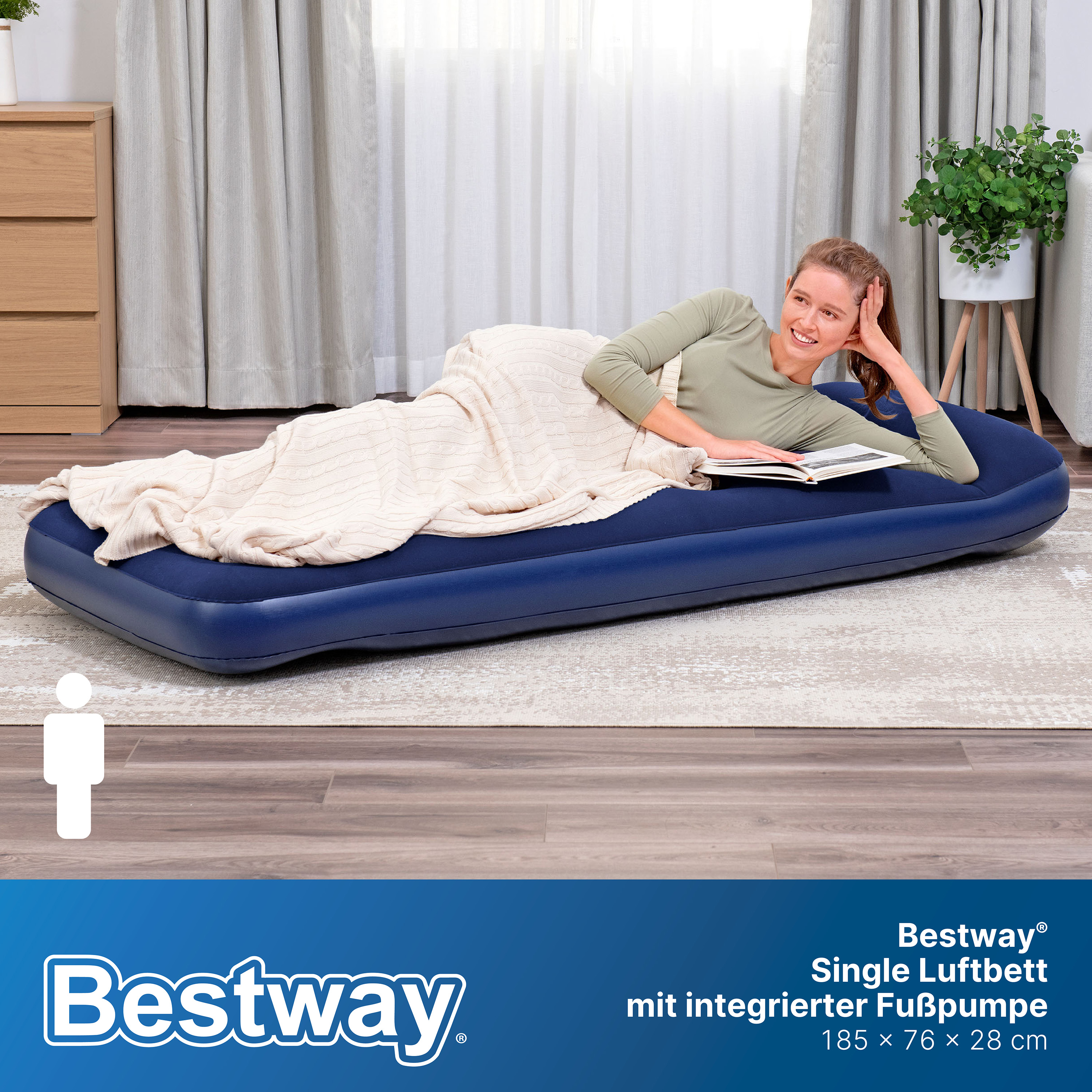 Single Luftbett mit integrierter Fußpumpe 185 x 76 x 28 cm