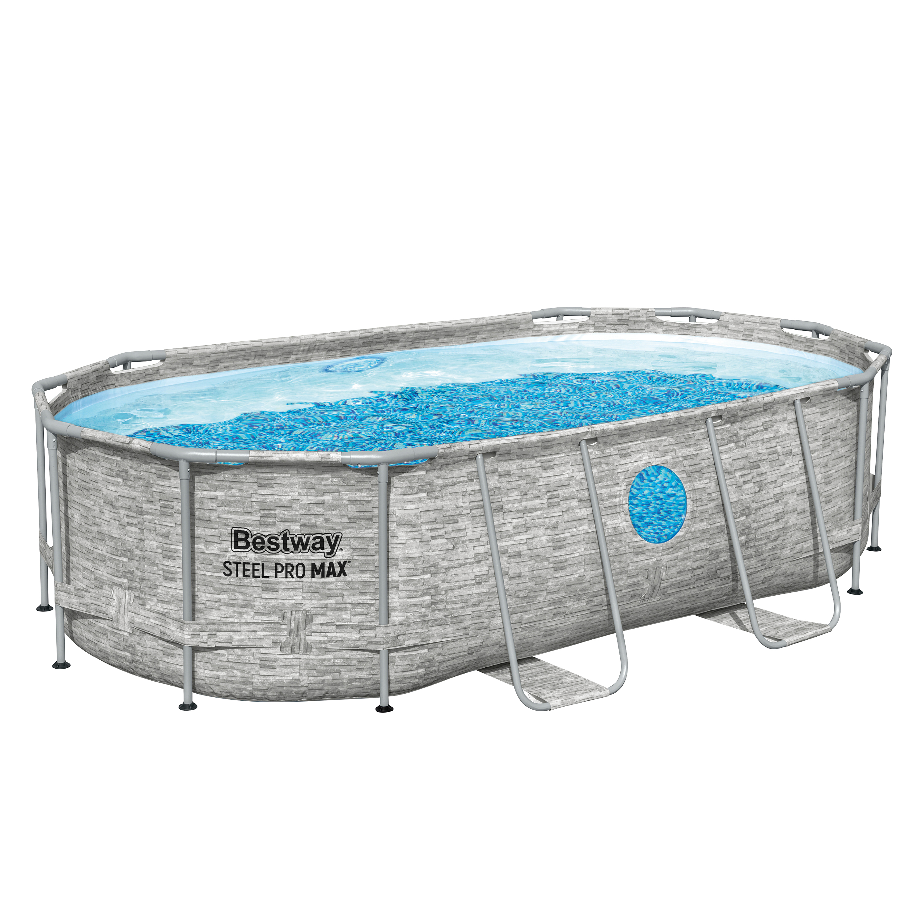 Steel Pro MAX™ Splashview™ Solo Pool ohne Zubehör 427 x 250 x 100 cm, Steinwand-Optik (Cremegrau), oval