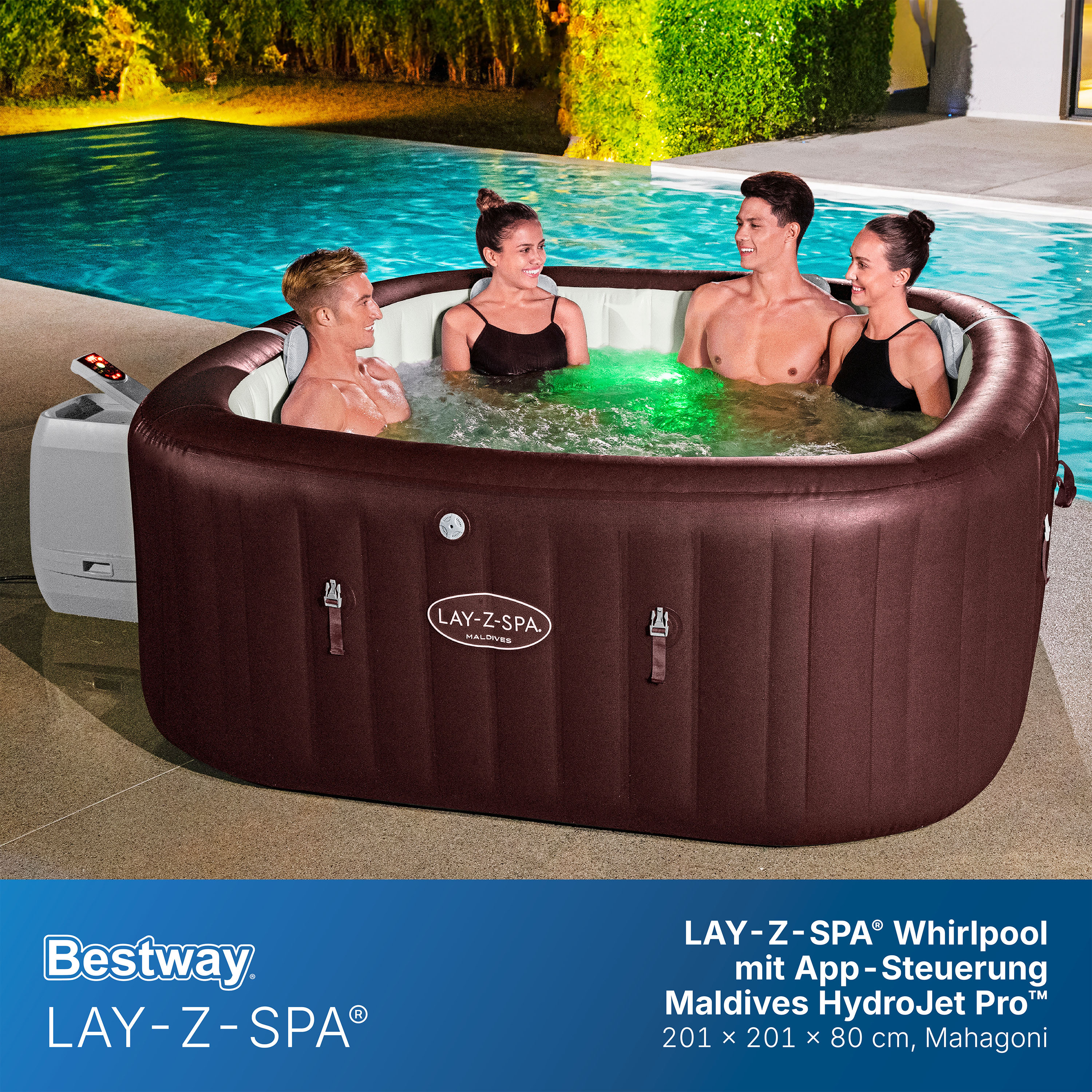 LAY-Z-SPA® WLAN-Whirlpool Maldives HydroJet Pro™ mit App-Steuerung, für 7 Personen 201 x 201 x 80 cm, Mahagoni