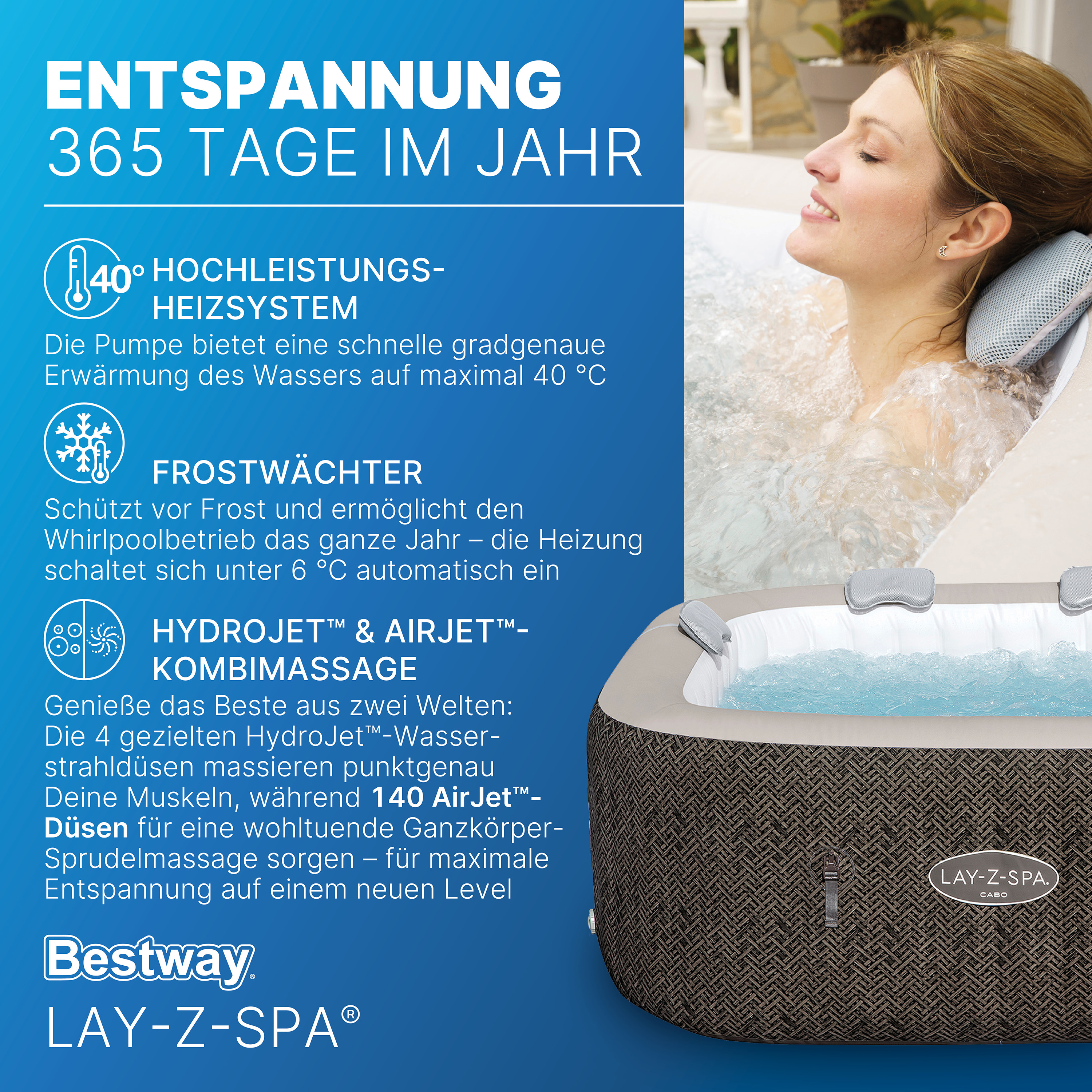 LAY-Z-SPA® Energiespar Whirlpool Cabo HydroJet™ mit App-Steuerung, für 6 Personen, 180 x 180 x 71 cm, Kreuzgeflecht-Optik (Eichengrau)
