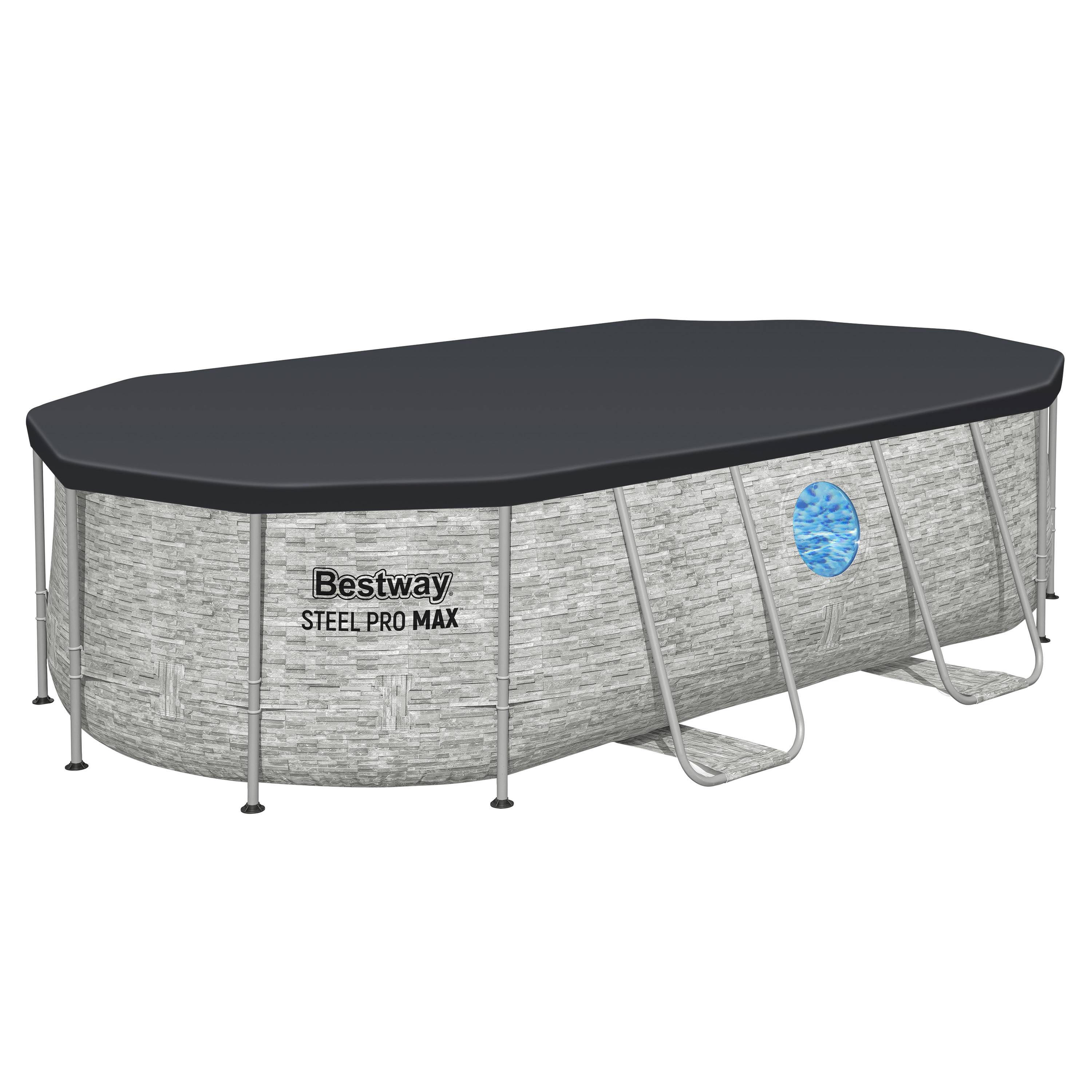 Steel Pro MAX™ Splashview™ Frame Pool Komplett Set mit Filterpumpe 427 x 250 x 100 cm, Steinwand-Optik (Cremegrau), oval