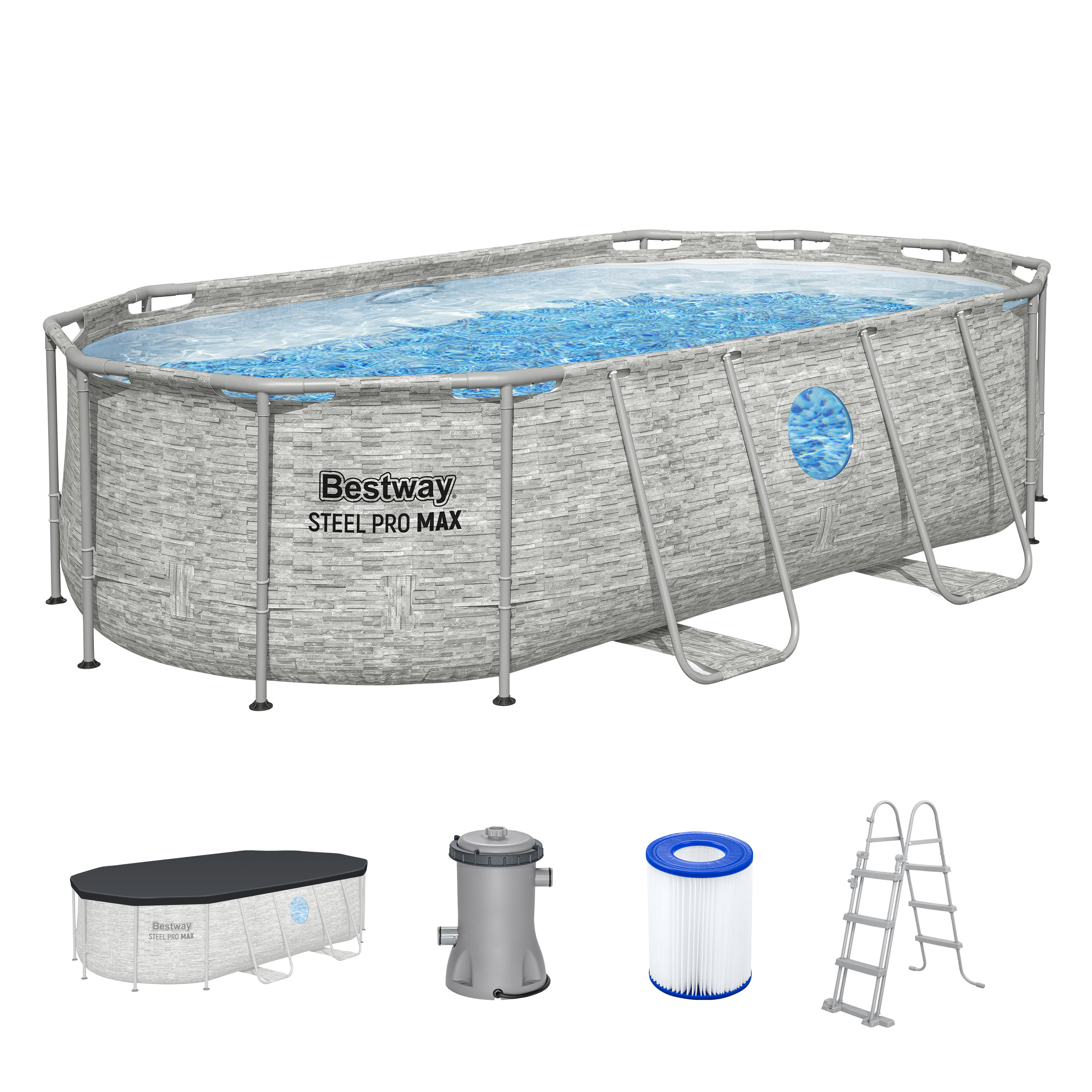 Steel Pro MAX™ Splashview™ Frame Pool Komplett Set mit Filterpumpe 427 x 250 x 100 cm, Steinwand-Optik (Cremegrau), oval