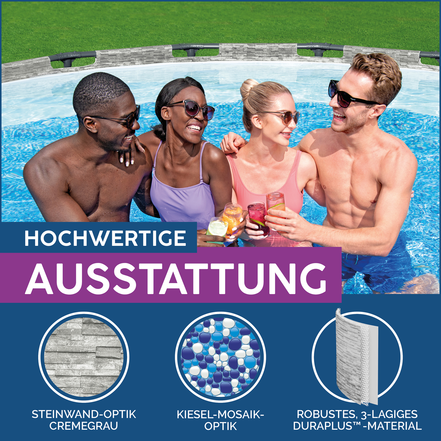 Steel Pro MAX™ Frame Pool Komplett-Set mit Filterpumpe Ø 427 x 122 cm, Steinwand-Optik (Cremegrau), rund
