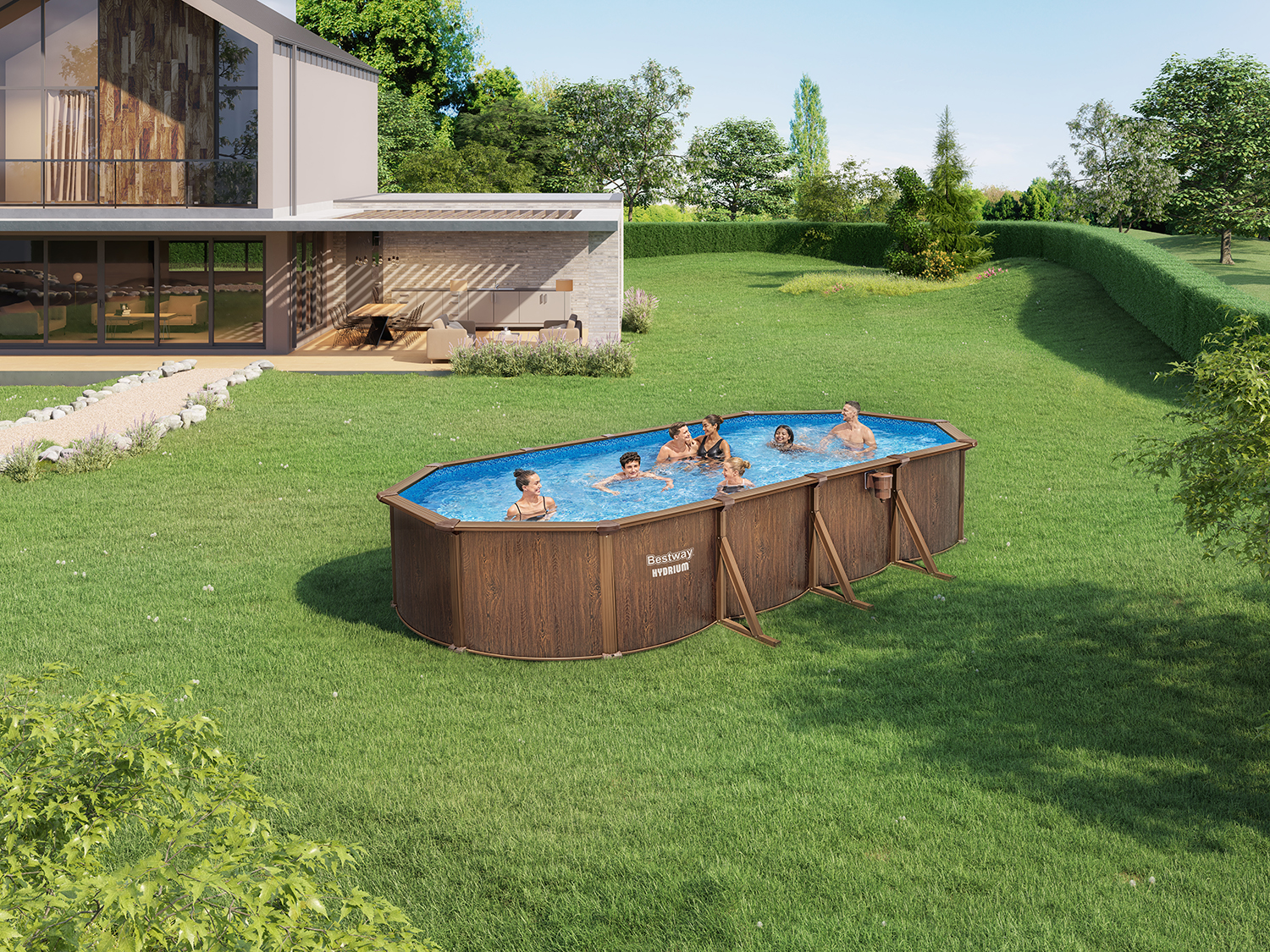 Hydrium™ Stahlwandpool Komplett-Set mit Sandfilteranlage 730 x 360 x 130 cm, Holz-Optik (Palisander), oval