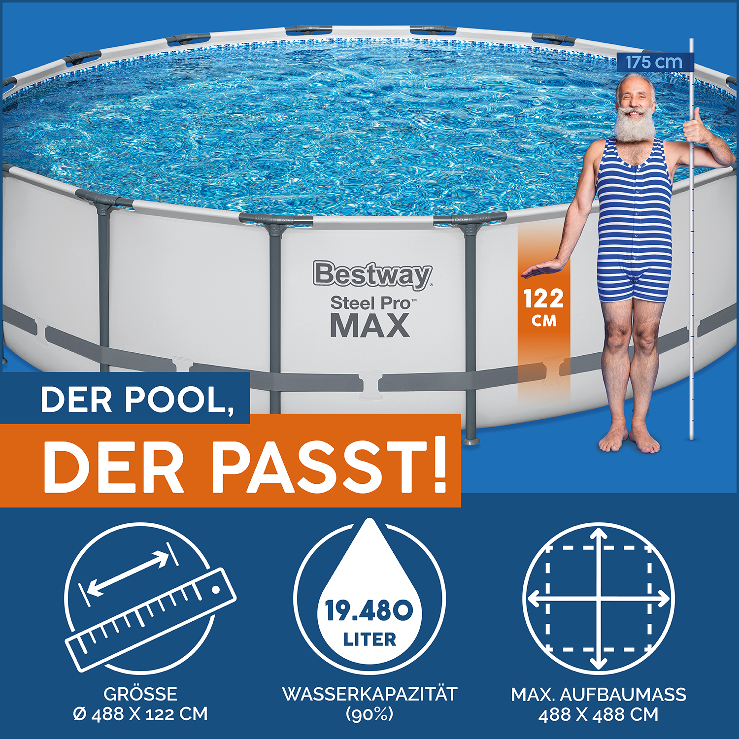 Steel Pro MAX™ Frame Pool Komplett Set mit Filterpumpe Ø 488 x 122 cm , lichtgrau, rund Steel Pro MAX™ Frame Pool Komplett Set mit Filterpumpe Ø 488 x 122 cm , lichtgrau, rund