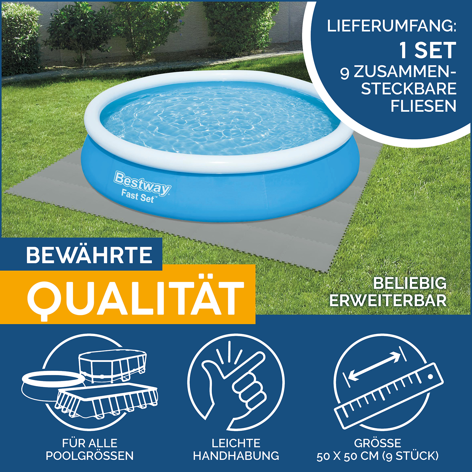 Flowclear™ Pool-Bodenschutzfliesen Set, 9 Stück á 50 x 50 cm, grau