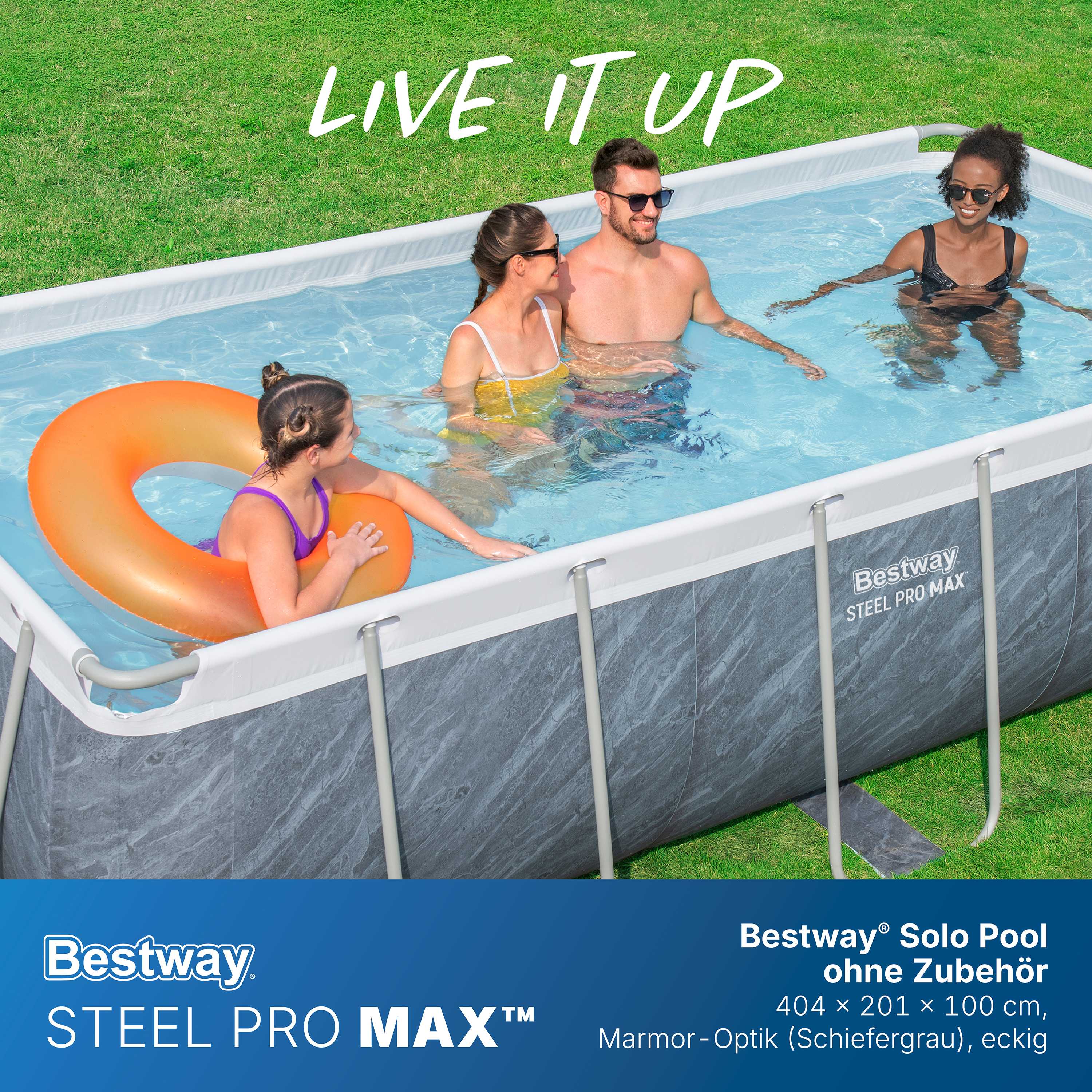 Steel Pro MAX™ Solo Pool ohne Zubehör 404 x 201 x 100 cm, Marmor-Optik (Schiefergrau), eckig