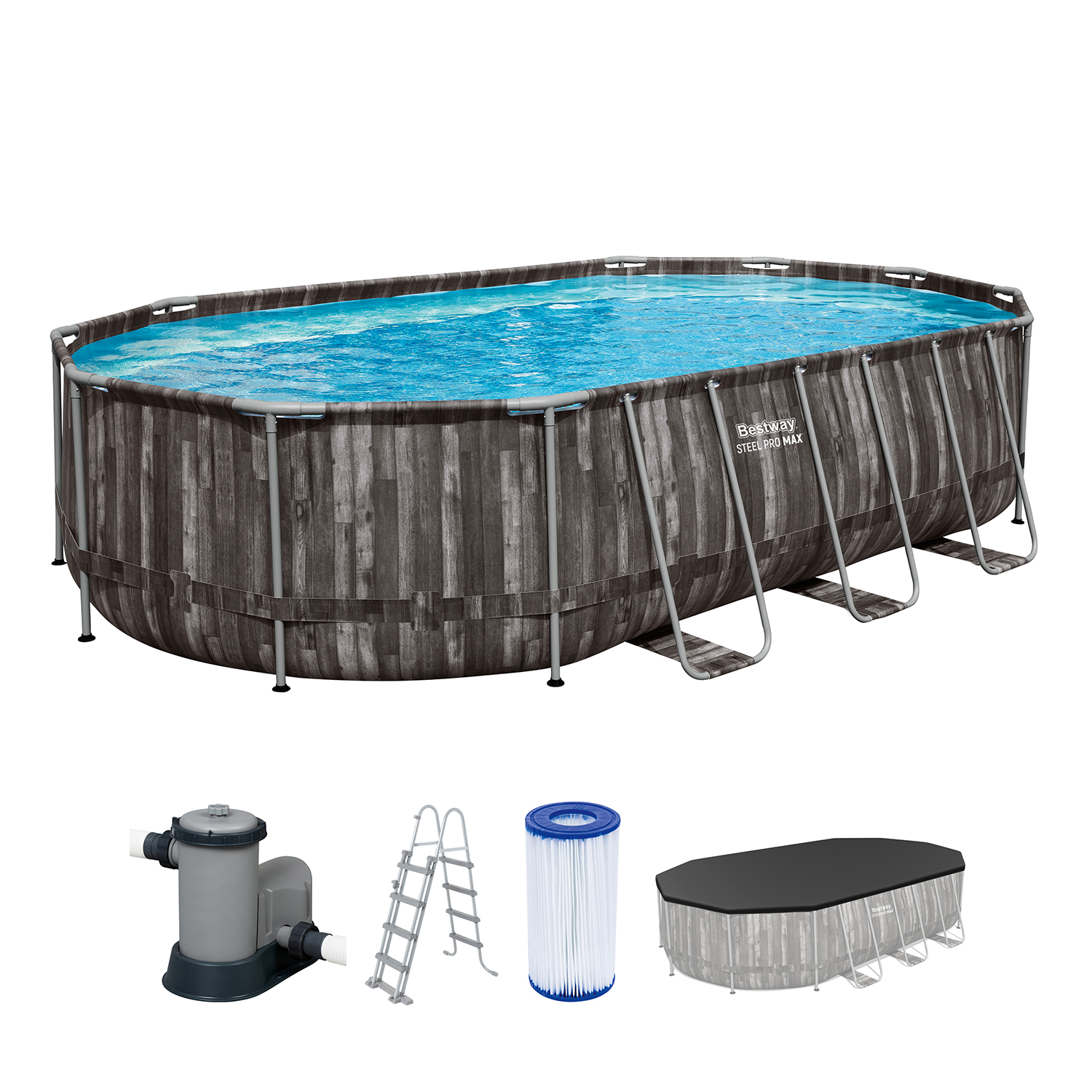 Steel Pro MAX™ Frame Pool Komplett-Set mit Filterpumpe 610 x 366 x 122 cm , Holz-Optik (Mooreiche), oval