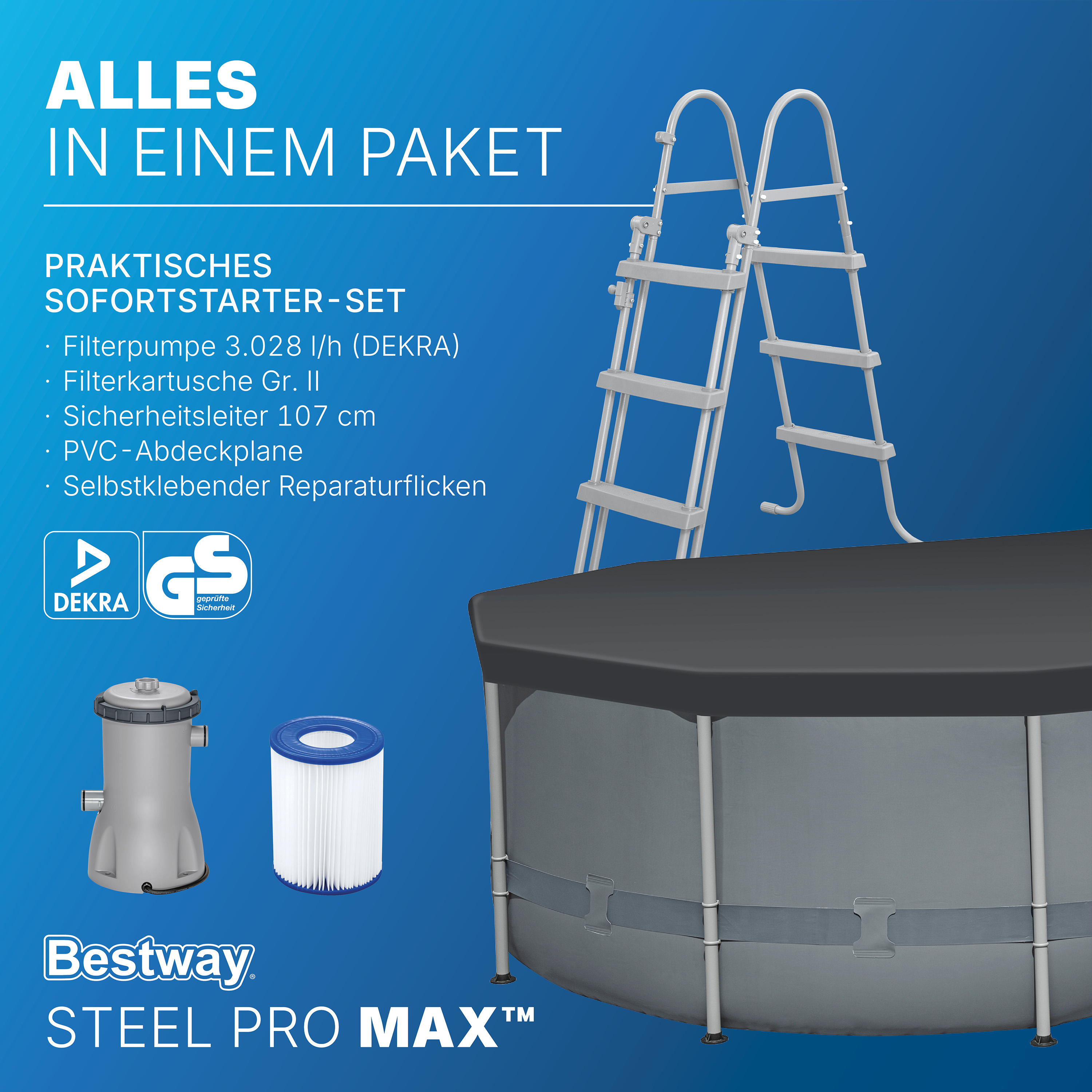 Steel Pro MAX™ Frame Pool Komplett Set mit Filterpumpe 488 x 305 x 107 cm, grau, oval