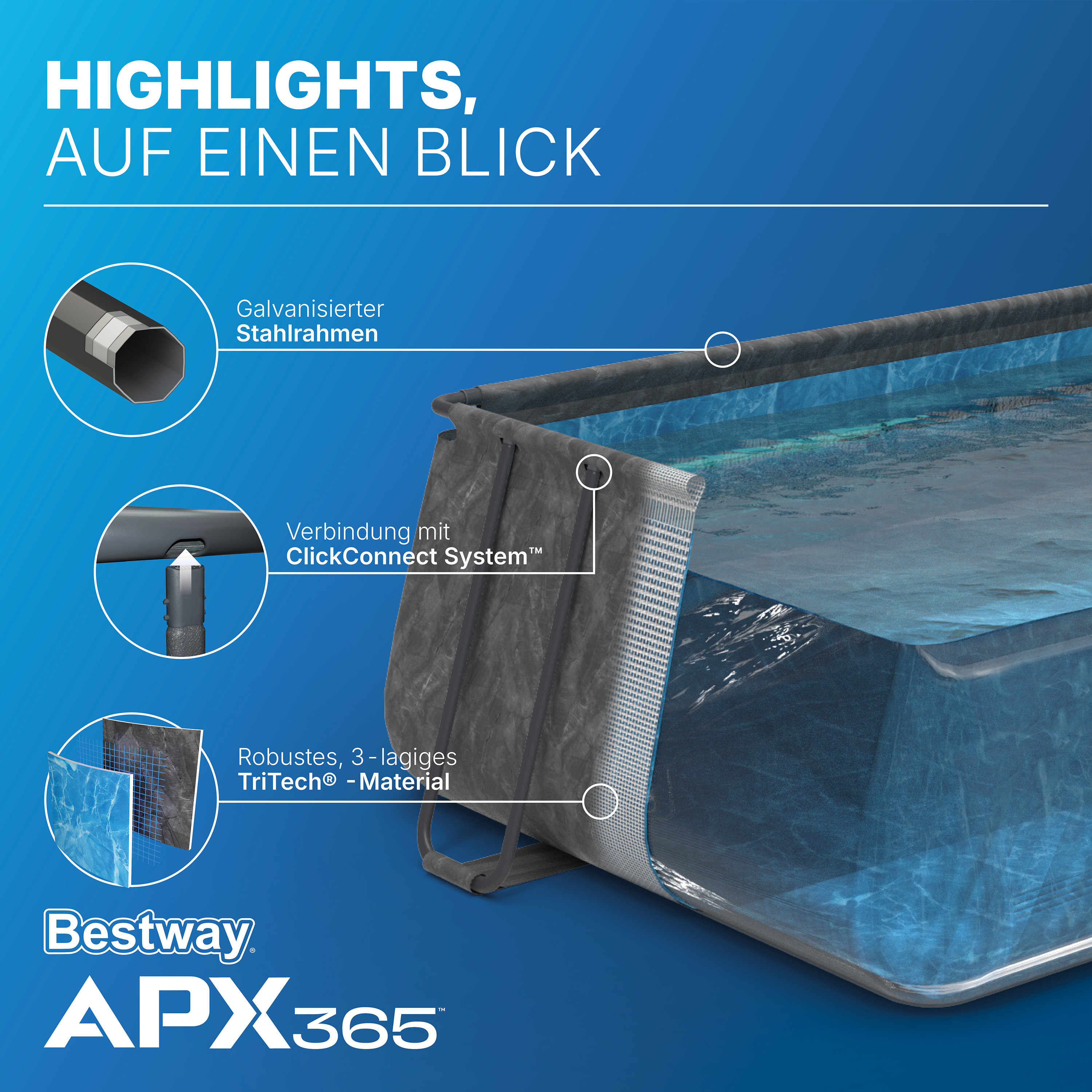 APX365™ Winterfestes Frame Pool Komplett Set mit Sandfilteranlage 732 x 366 x 132 cm, Marmor-Optik (Dunkel), eckig
