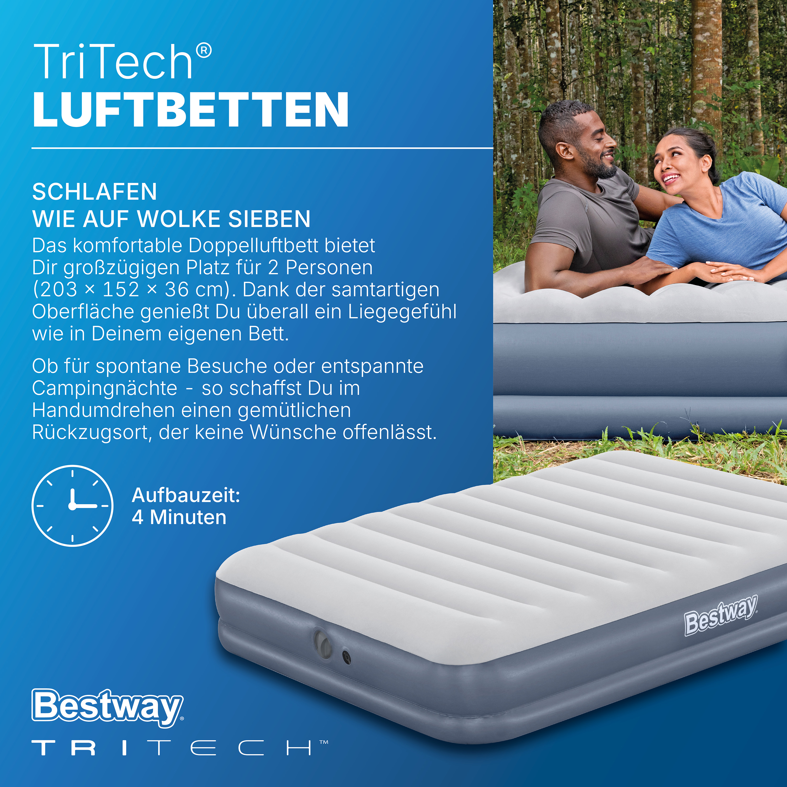 TriTech® Doppelluftbett mit mobiler, akkubetriebener Elektropumpe 203 x 152 x 36 cm