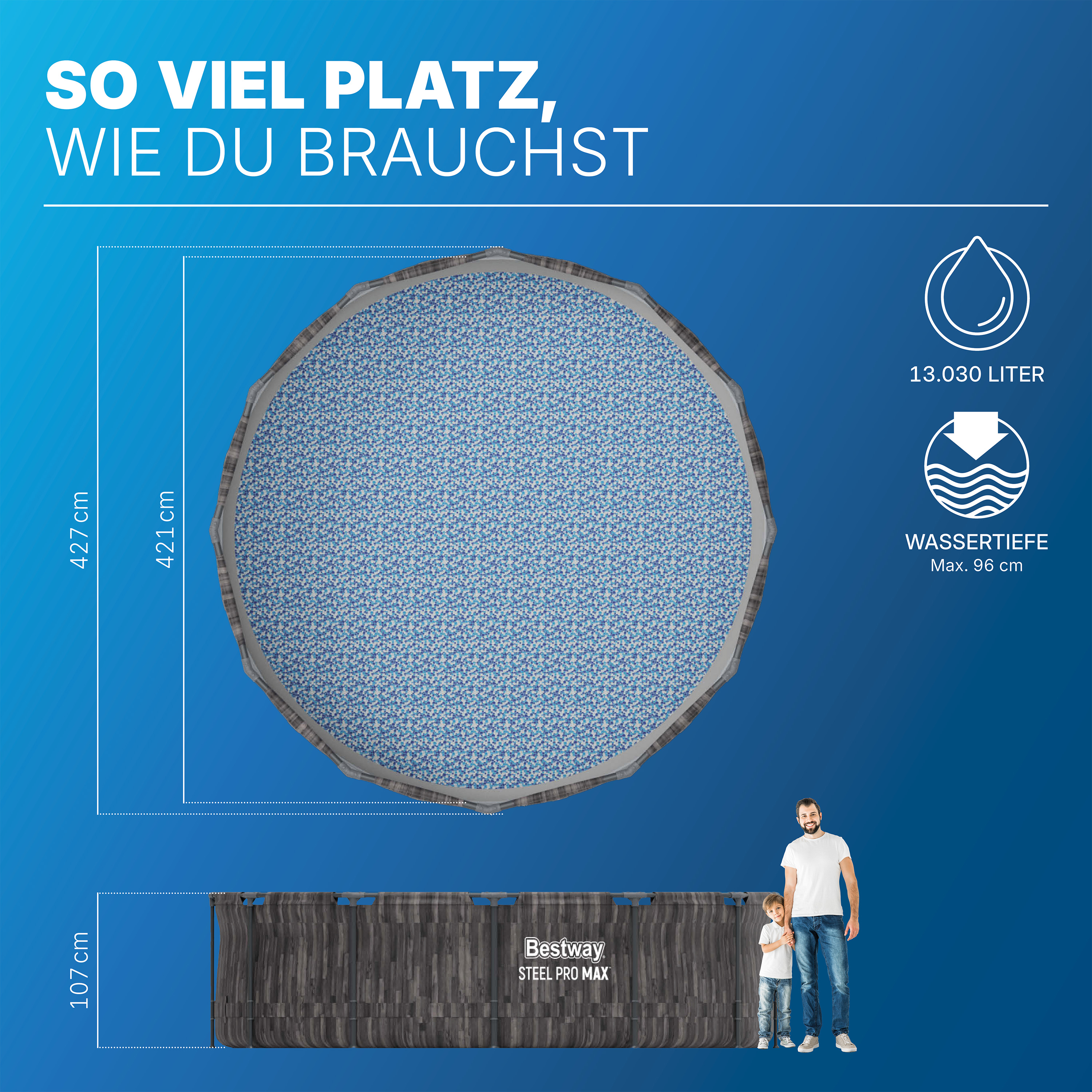 Steel Pro MAX™ Frame Pool Komplett Set mit Filterpumpe Ø 427 x 107 cm, Holz-Optik (Mooreiche), rund