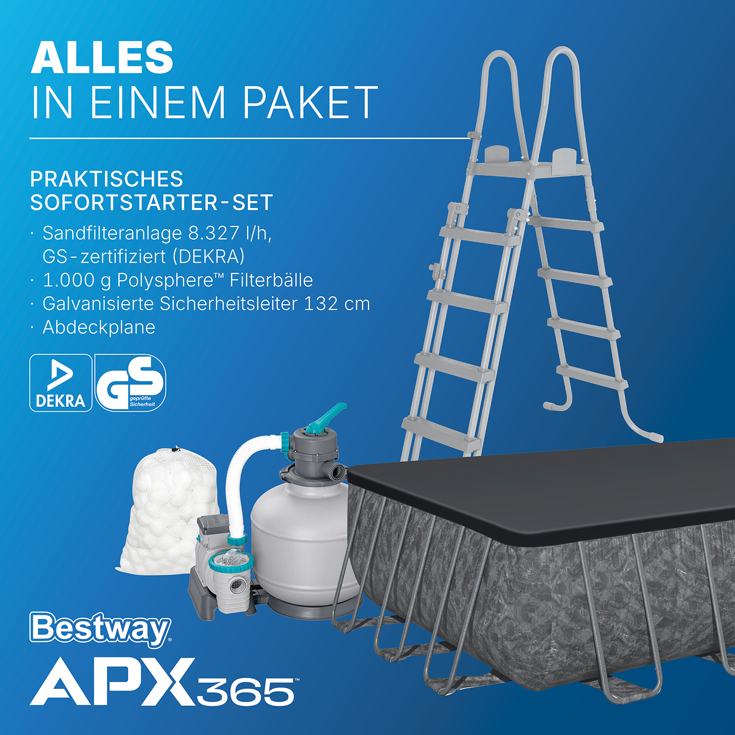 APX365™ Winterfestes Frame Pool Komplett-Set mit Sandfilteranlage 956 x 488 x 132 cm, Marmor-Optik (Dunkel), eckig