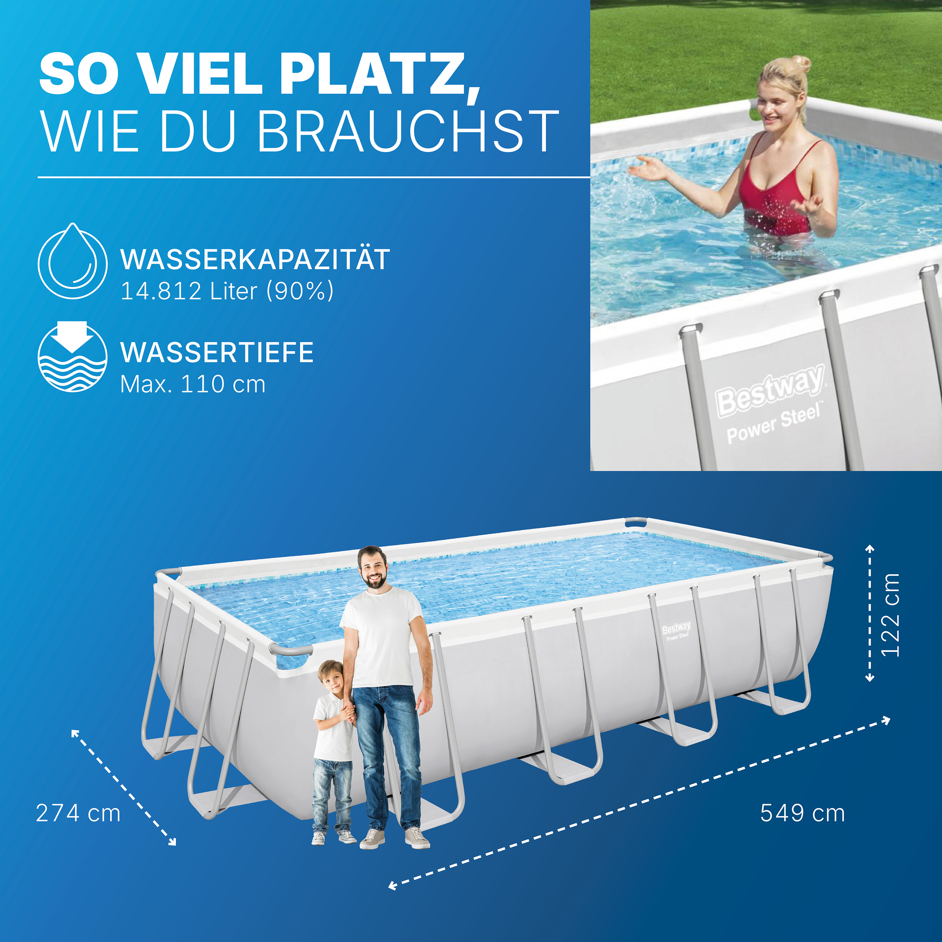 Power Steel™ Frame Pool Komplett Set mit Filterpumpe 549 x 274 x 122 cm , lichtgrau, eckig
