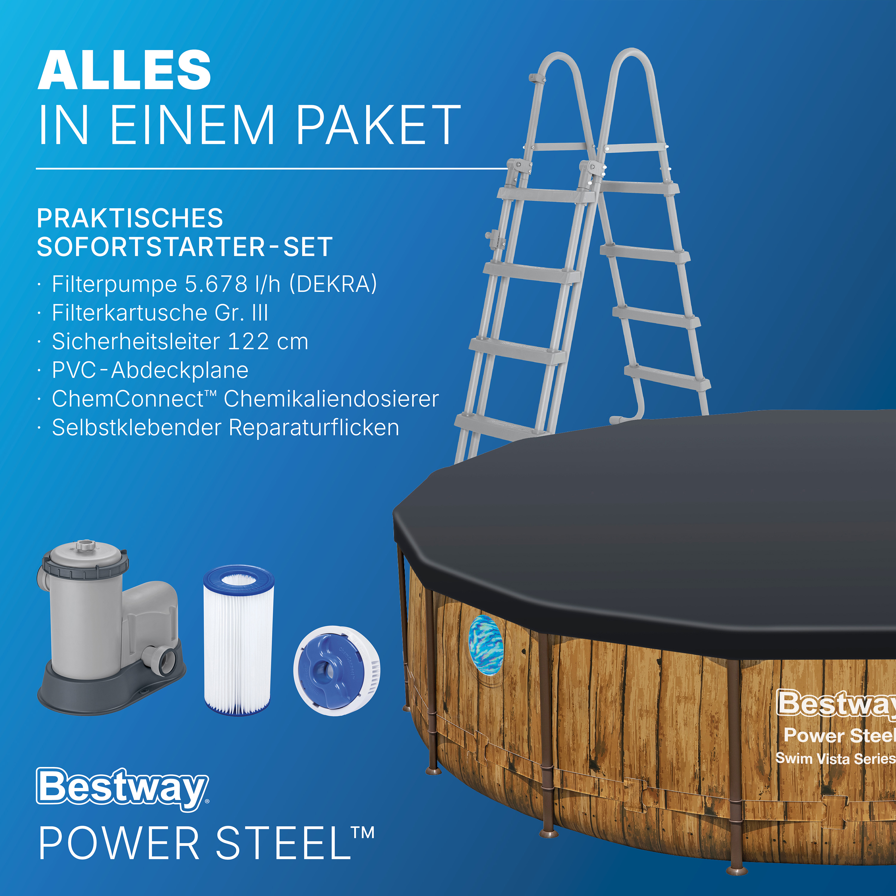 Power Steel™ Swim Vista Series™ Frame Pool Komplett Set mit Filterpumpe Ø 488 x 122 cm, Holz-Optik (Pinie), rund