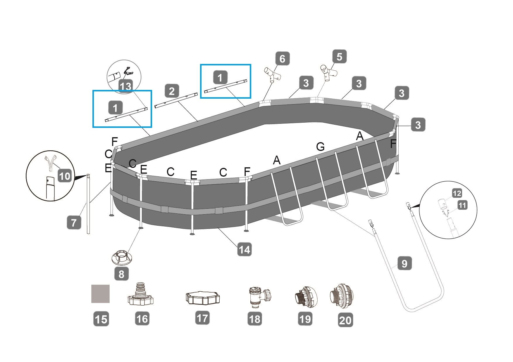 Bestway® Spare Part Top rail A (grey) for various Power Steel™ frame pools, oval