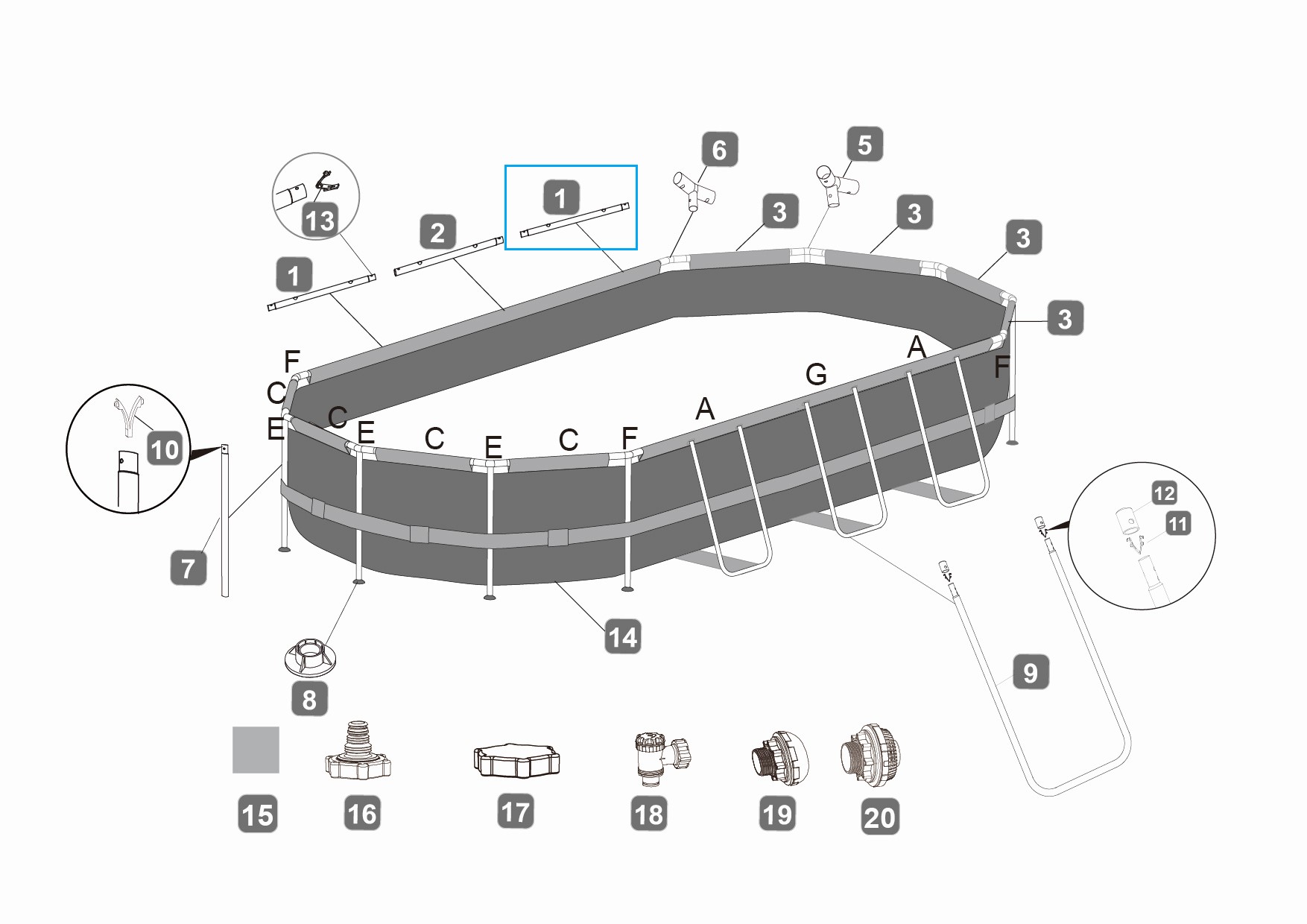 Bestway® Spare Part Top rail A (brown) for Power Steel™ frame pool 549 x 274 x 122 cm, oval