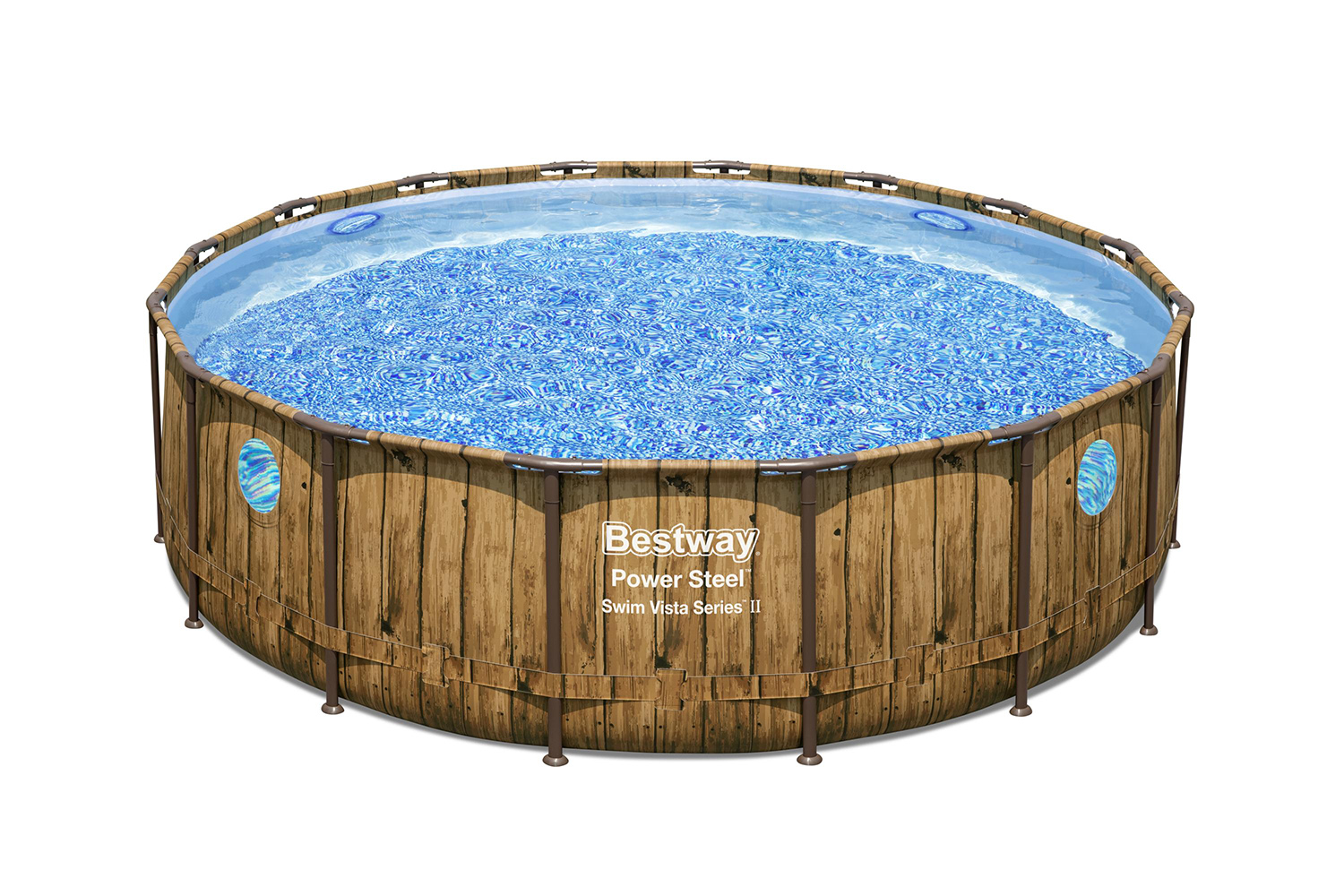 Power Steel™ Swim Vista Series™ Frame Pool Komplett-Set mit Filterpumpe Ø 488 x 122 cm, Holz-Optik (Pinie), rund