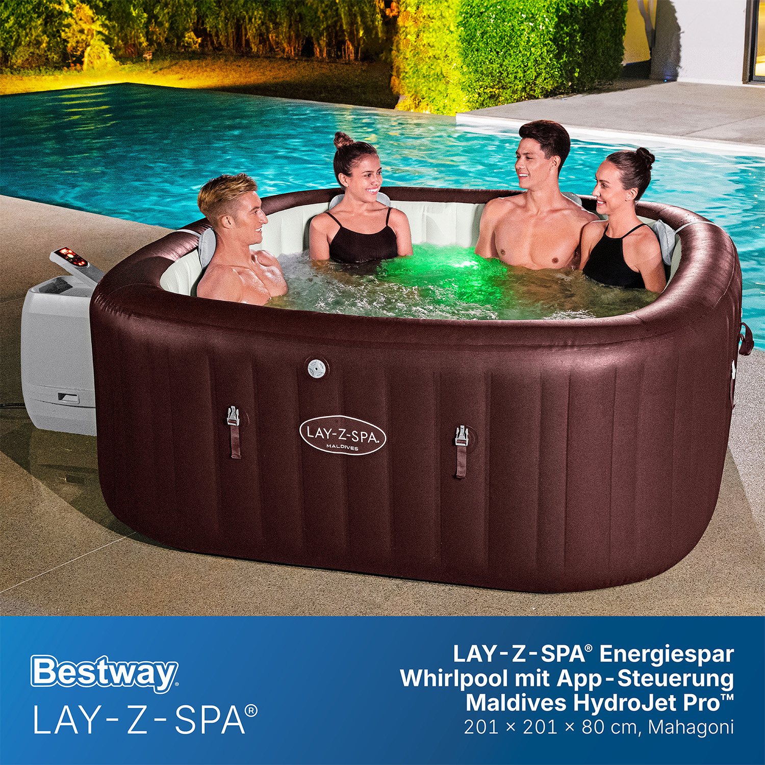 LAY-Z-SPA® Energiespar Whirlpool Maldives HydroJet Pro™ mit App-Steuerung, für 7 Personen 201 x 201 x 80 cm, Mahagoni