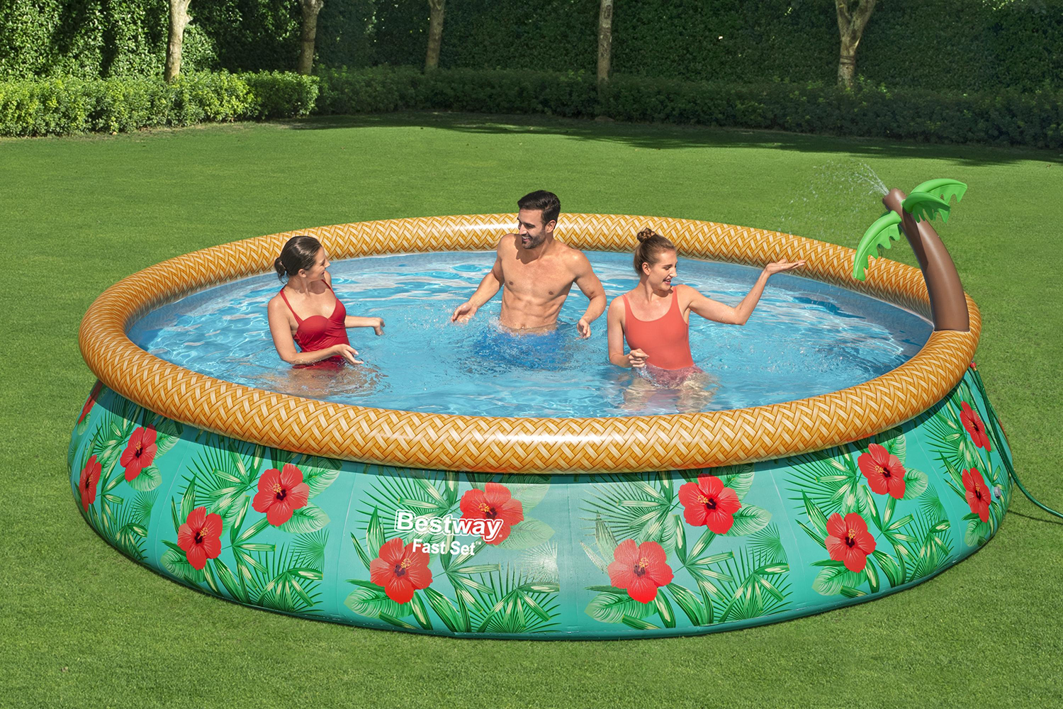 Fast Set™ Aufstellpool-Set mit Wassersprinkler und Filterpumpe Ø 457 x 84 cm, Buntes Hawaii, rund