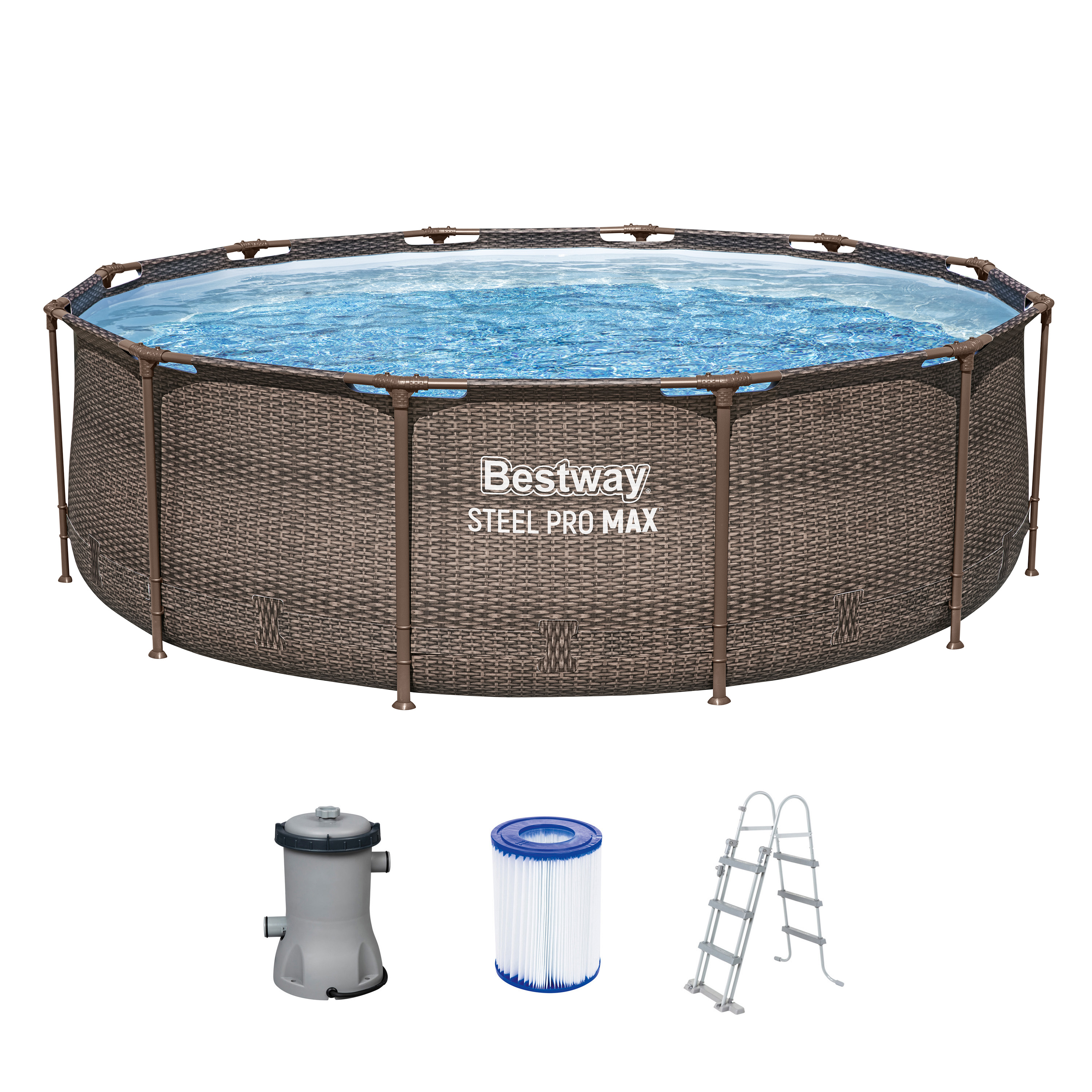 Steel Pro MAX™ Frame Pool Set mit Filterpumpe Ø 366 x 100 cm, Rattan-Optik (Schokobraun), rund