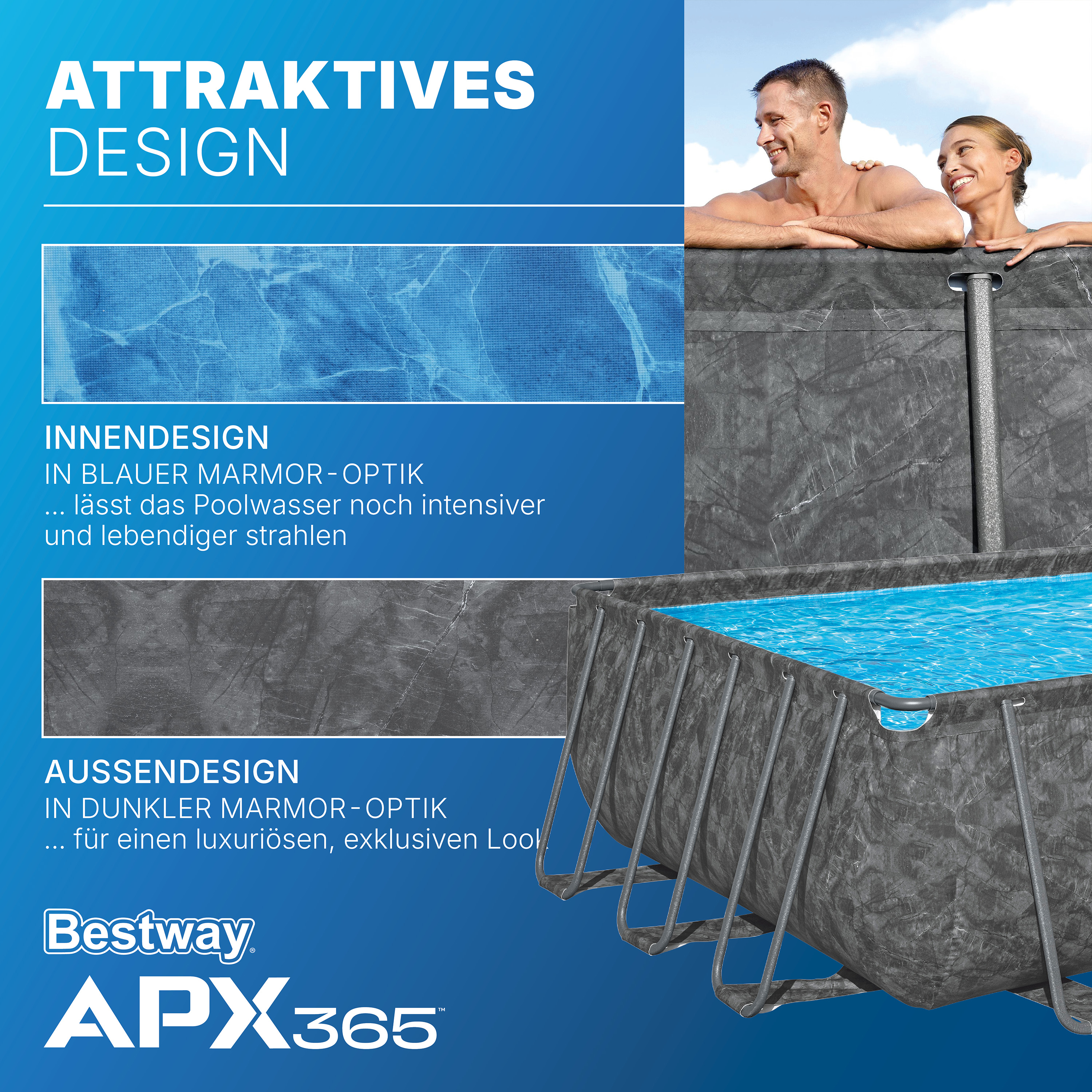 APX365™ Winterfestes Frame Pool Komplett Set mit Sandfilteranlage 732 x 366 x 132 cm, Marmor-Optik (Dunkel), eckig
