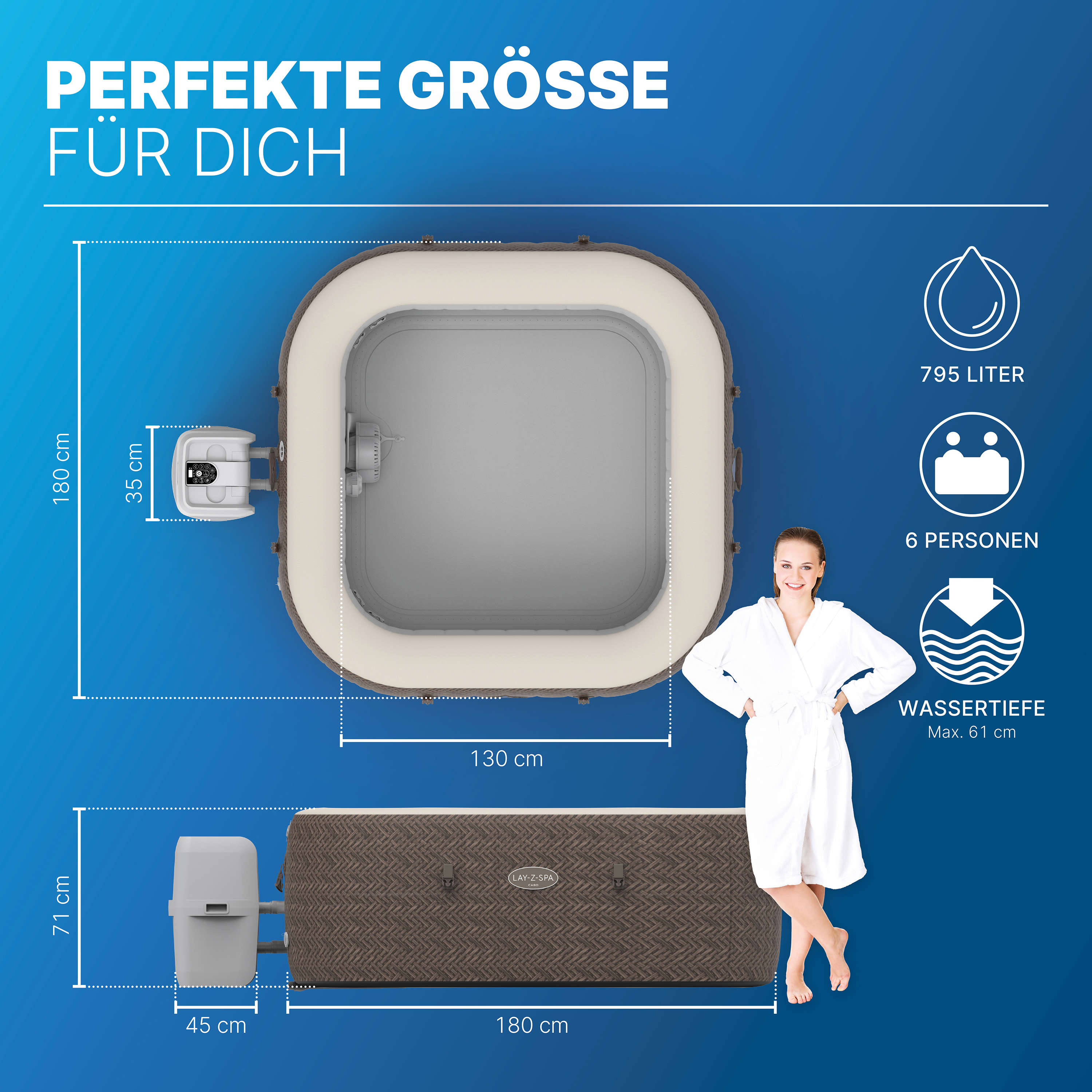 LAY-Z-SPA® Energiespar Whirlpool Cabo HydroJet™ mit App-Steuerung, für 6 Personen, 180 x 180 x 71 cm, Kreuzgeflecht-Optik (Eichengrau)