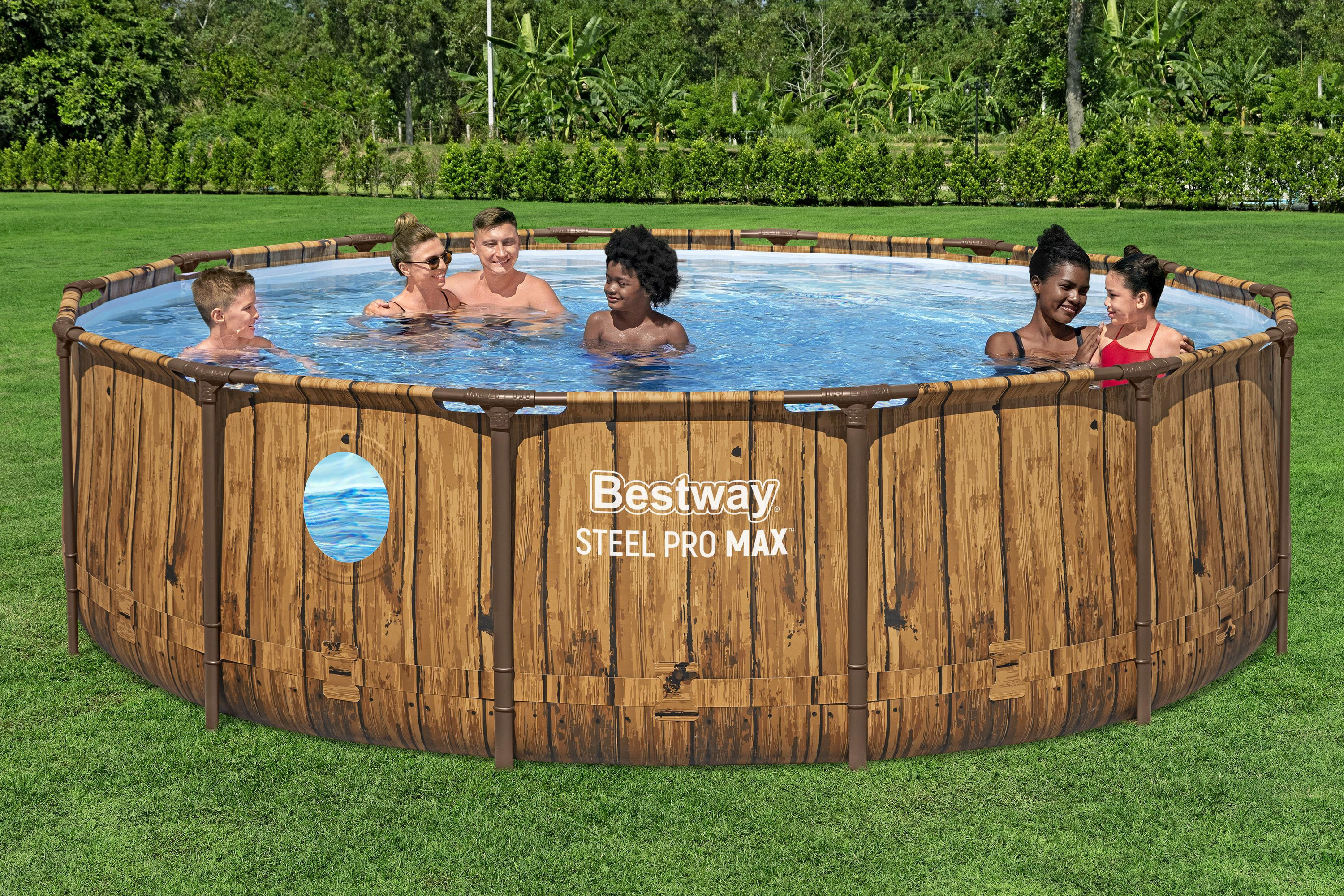 Steel Pro MAX™ Splashview™ Frame Pool Komplett Set mit Filterpumpe Ø 427 x 107 cm, Holz-Optik (Pinie), rund