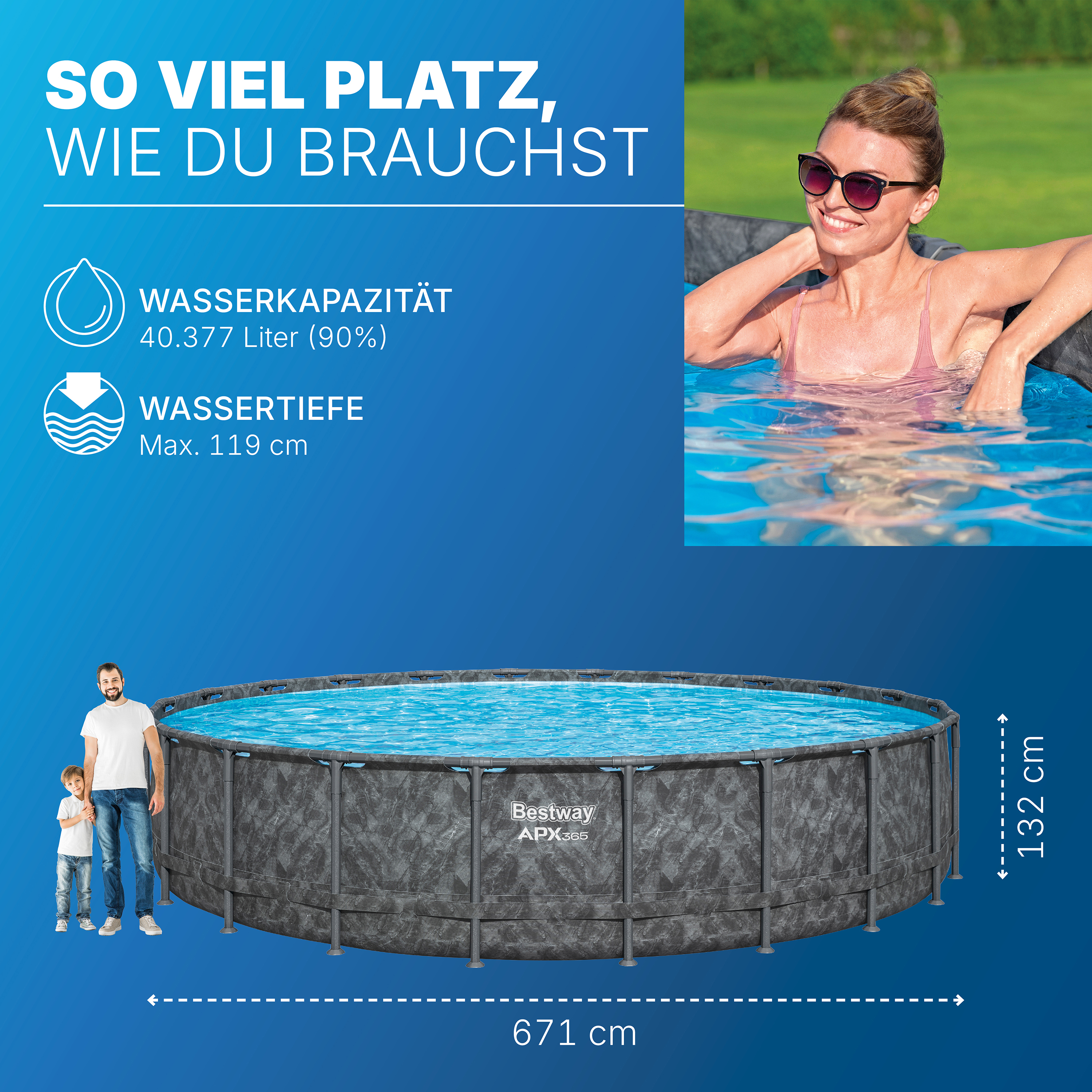 APX365™ Winterfestes Frame Pool Komplett-Set mit Sandfilteranlage Ø 671 x 132 cm, Marmor-Optik (Dunkel), rund
