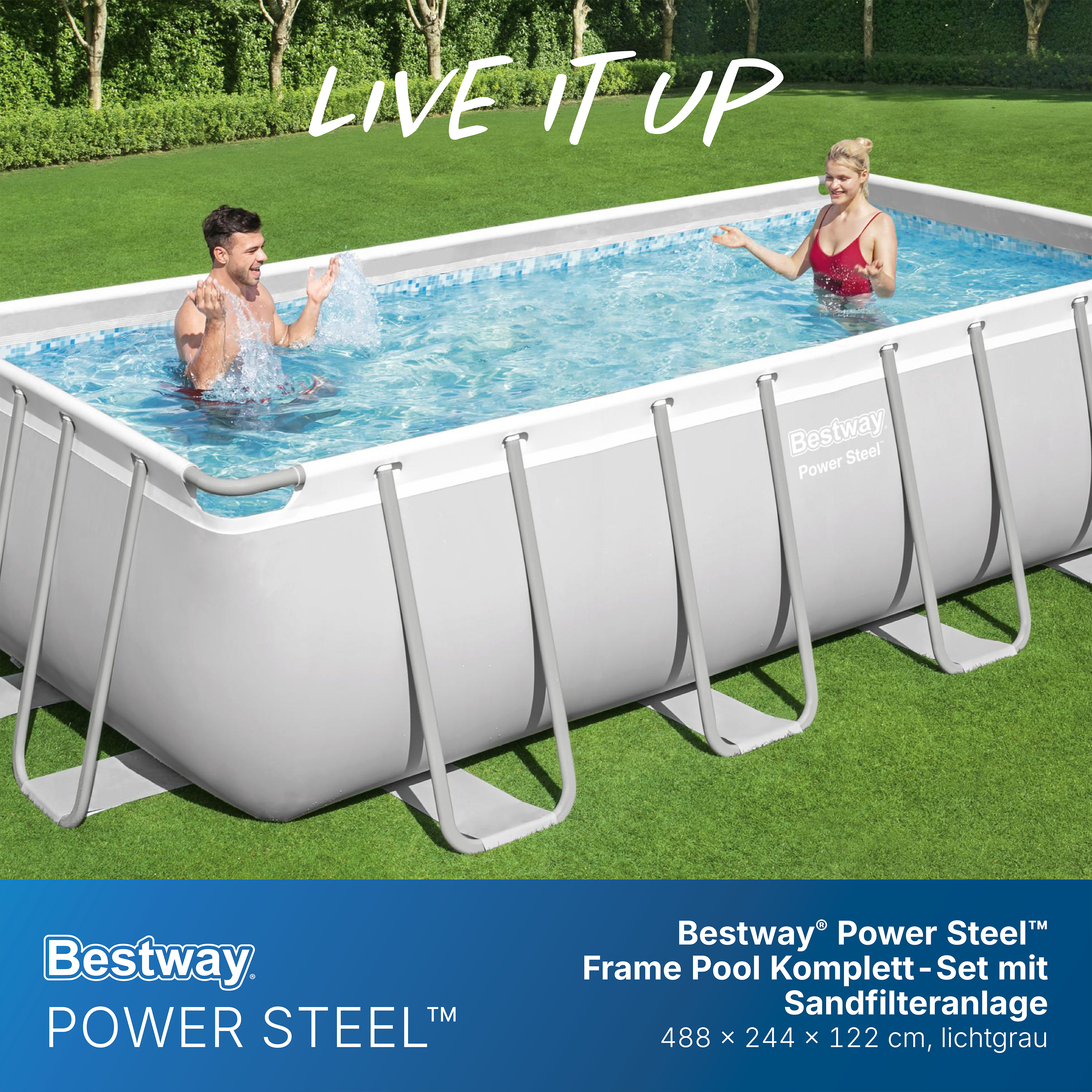 Power Steel™ Frame Pool Komplett Set mit Sandfilteranlage 488 x 244 x 122 cm, lichtgrau, eckig