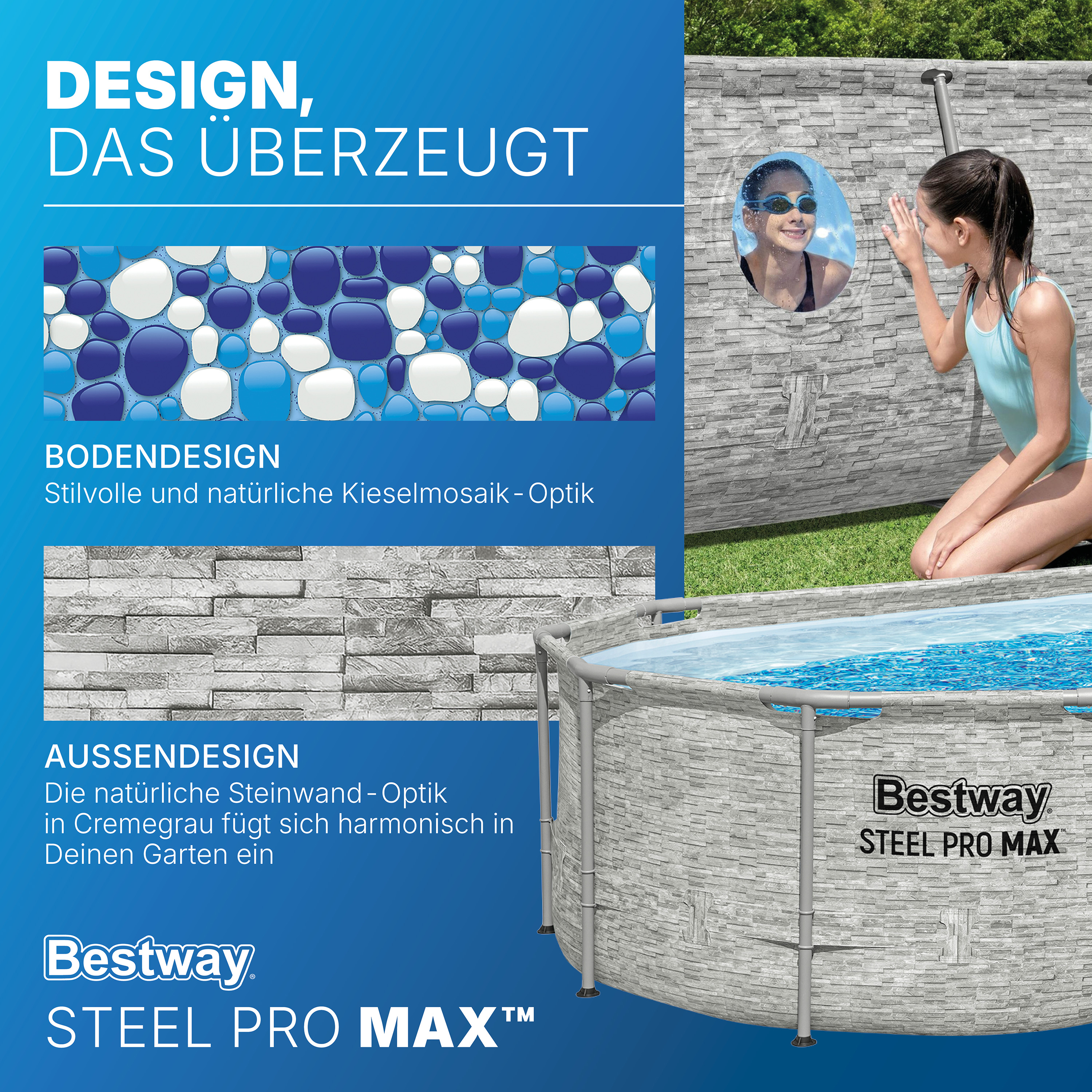 Steel Pro MAX™ Splashview™ Frame Pool Komplett Set mit Sandfilteranlage 488 x 305 x 107 cm , Steinwand-Optik (Cremegrau), oval