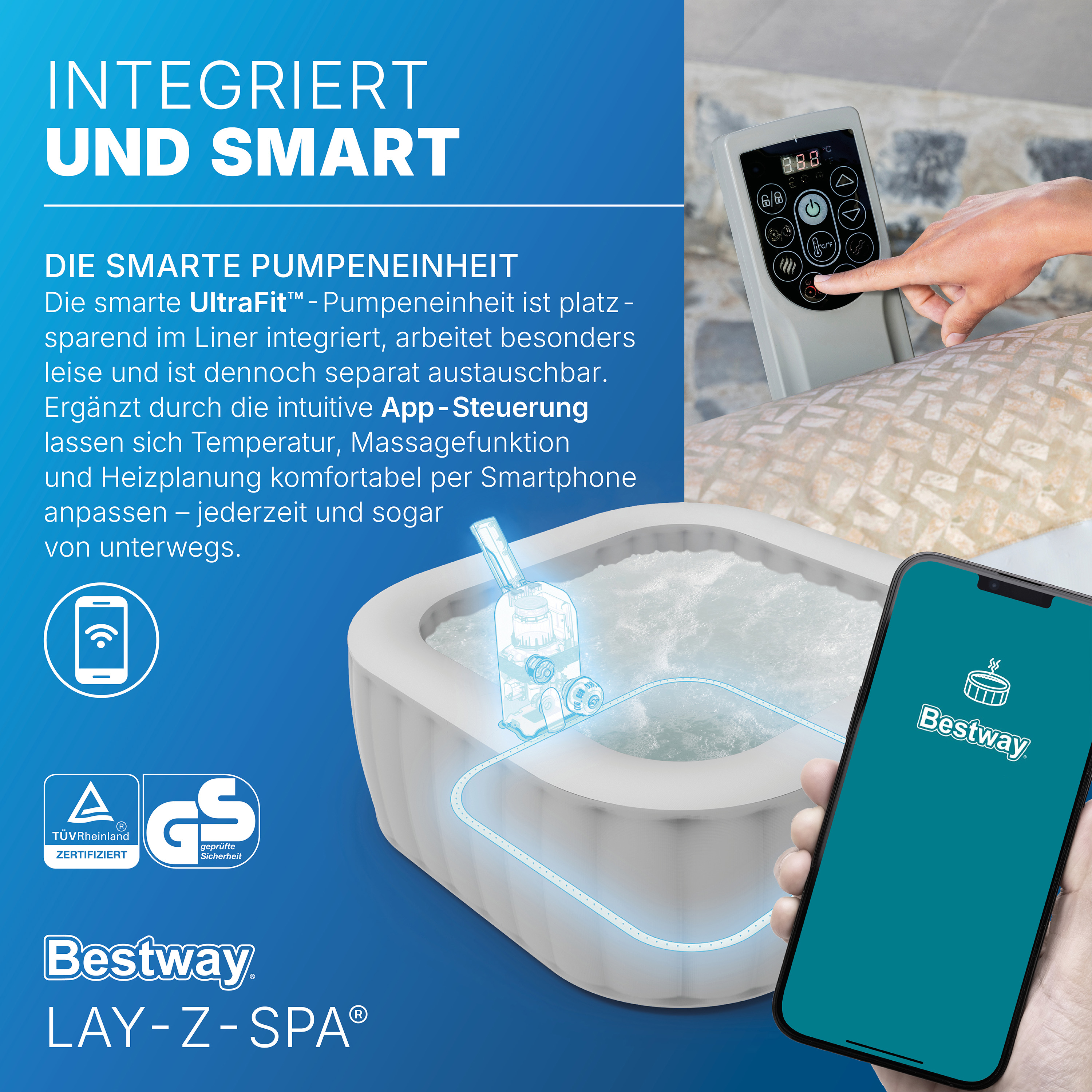 LAY-Z-SPA® WLAN-Whirlpool Rome AirJet™ mit App-Steuerung, für 7 Pers. 201 x 201 x 71 cm, Sandmarmor-Optik