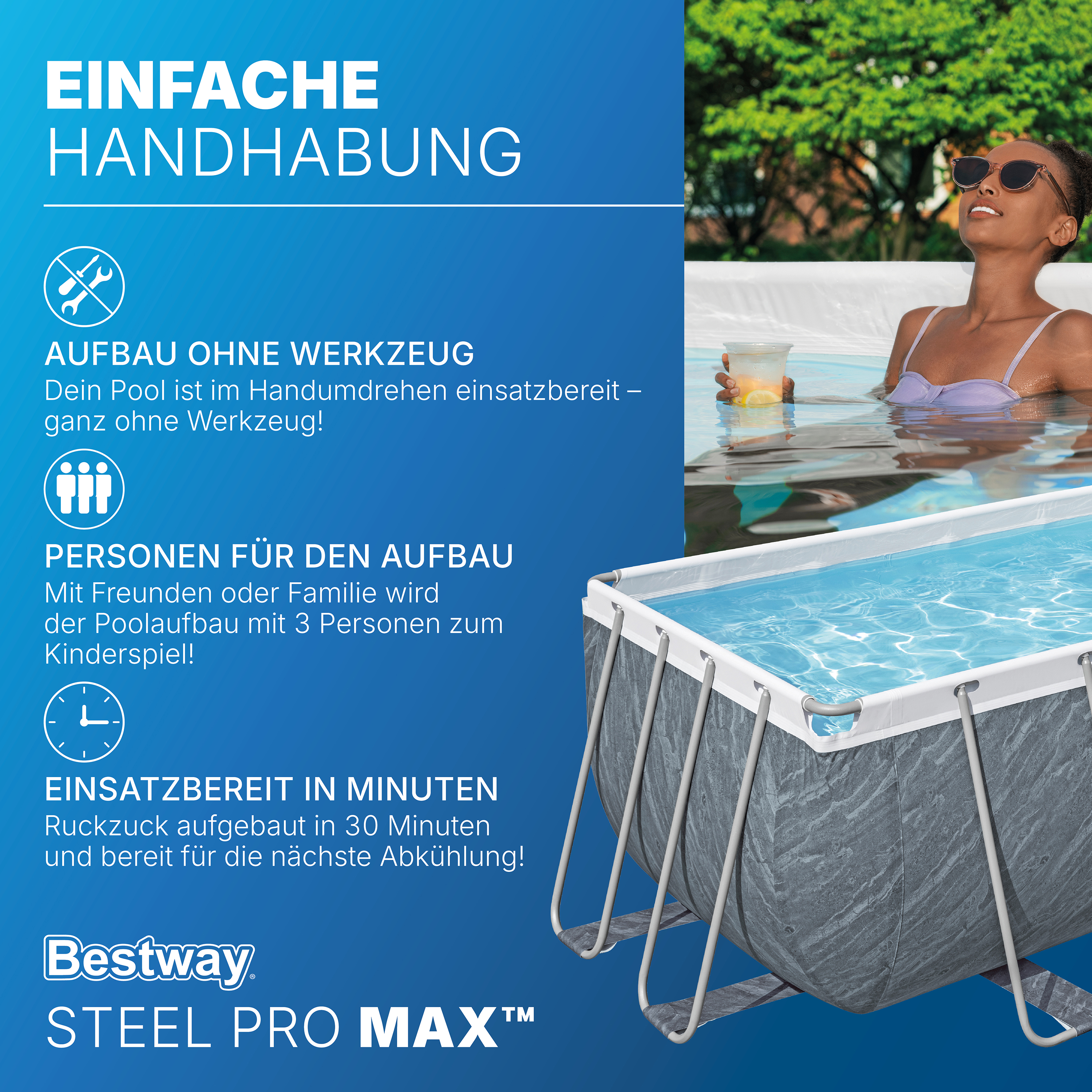 Steel Pro MAX™ Solo Pool ohne Zubehör 412 x 201 x 122 cm, Marmor-Optik (Schiefergrau), eckig