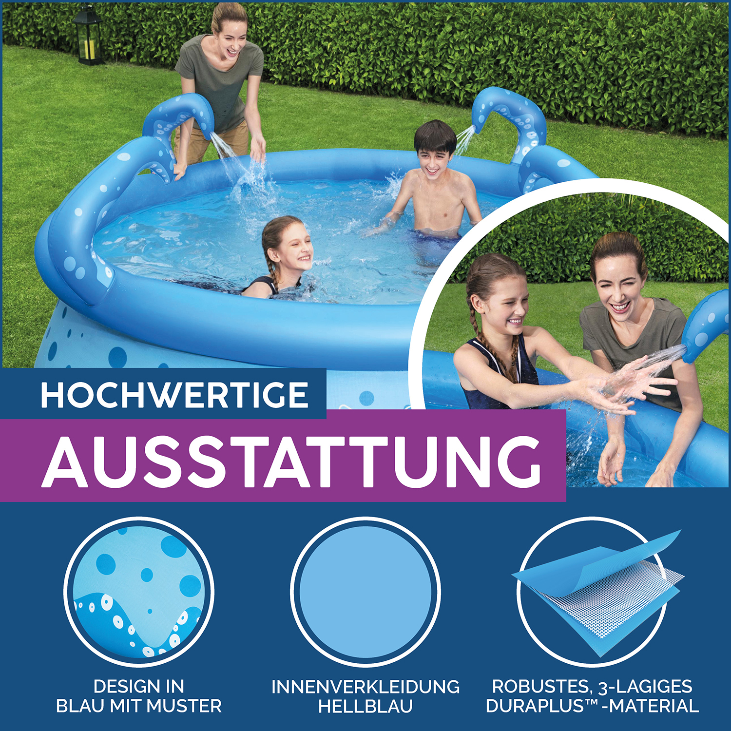Fast Set™ OctoPool mit integerierten Wassersprinklern Ø 274 x 76 cm, blau mit Muster, rund Fast Set™ OctoPool mit integerierten Wassersprinklern Ø 274 x 76 cm, blau mit Muster, rund